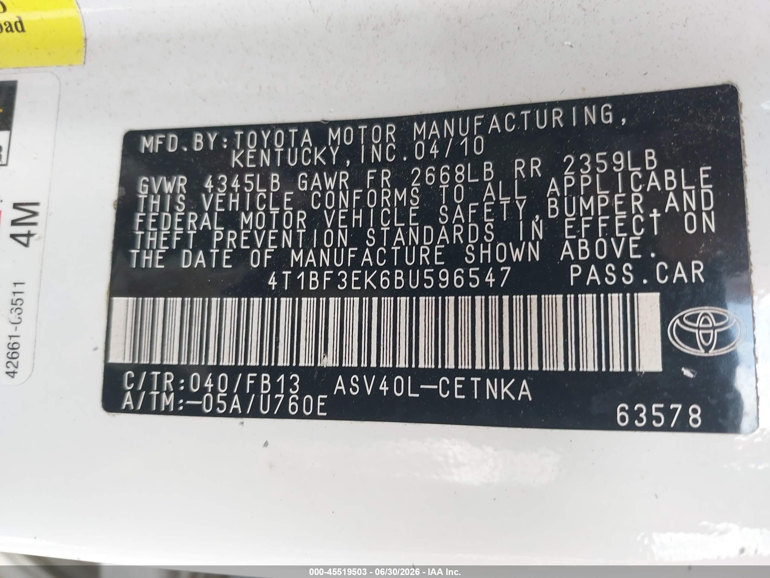 2011 Toyota Camry Le White vin: 4T1BF3EK6BU596547
