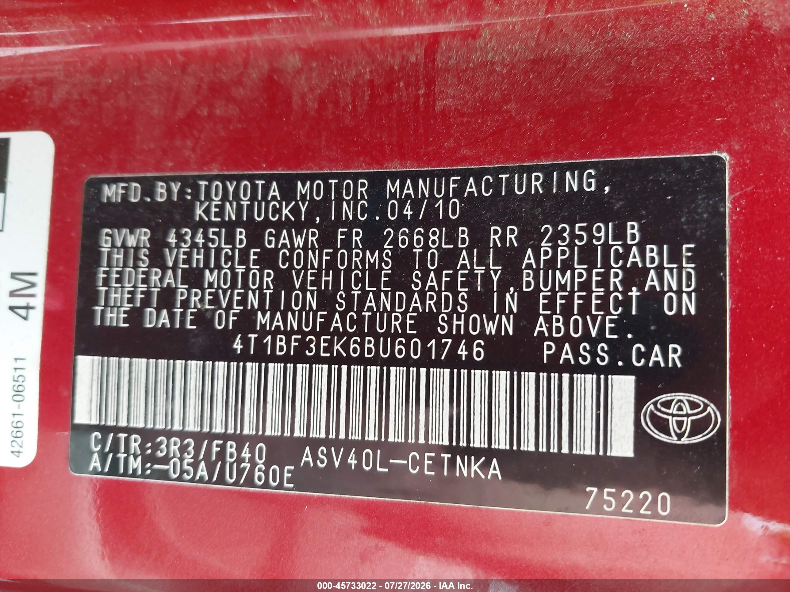 2011 Toyota Camry Le Burgundy vin: 4T1BF3EK6BU601746