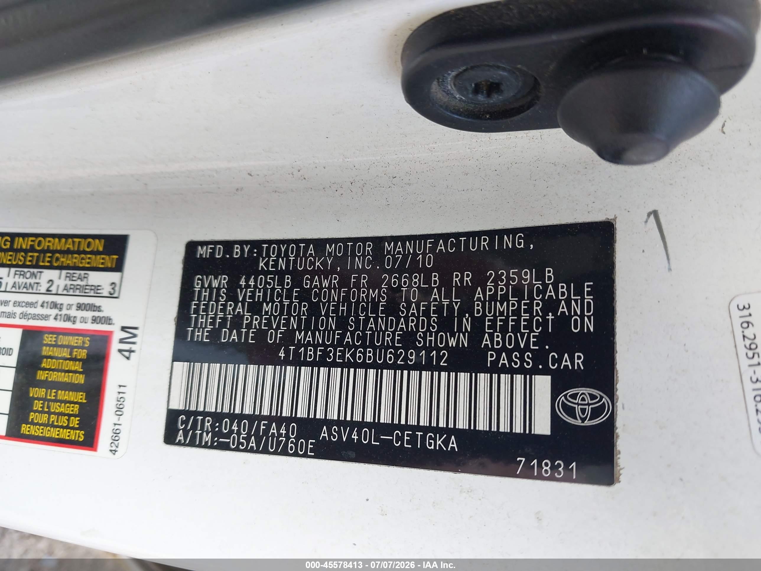 2011 Toyota Camry Xle White vin: 4T1BF3EK6BU629112