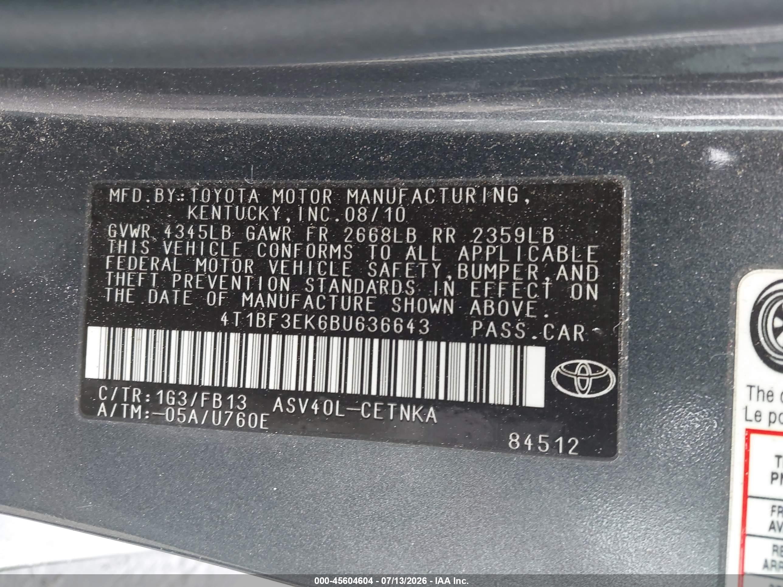 2011 Toyota Camry Le Gray vin: 4T1BF3EK6BU636643