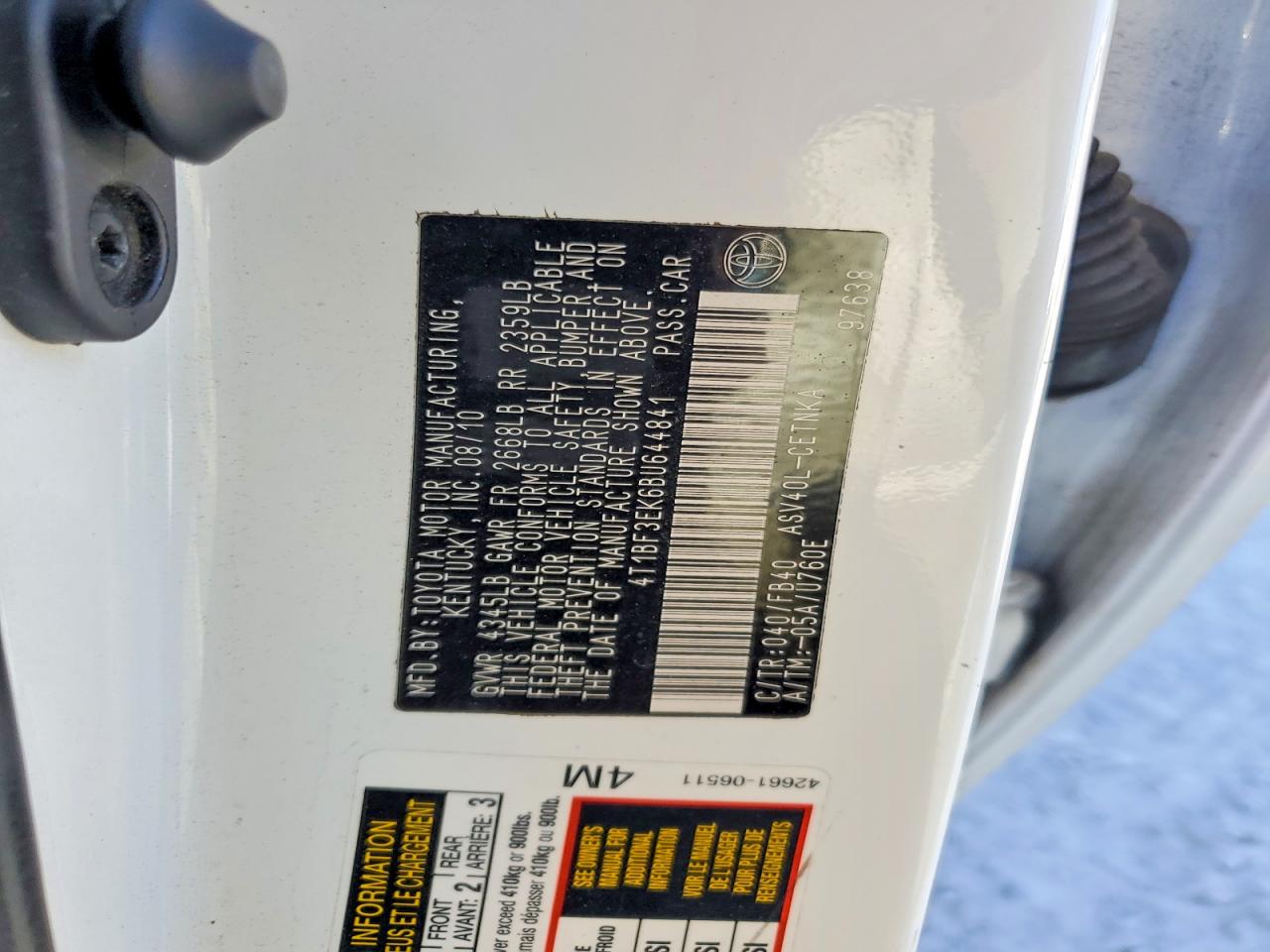 2011 Toyota Camry Base White vin: 4T1BF3EK6BU644841