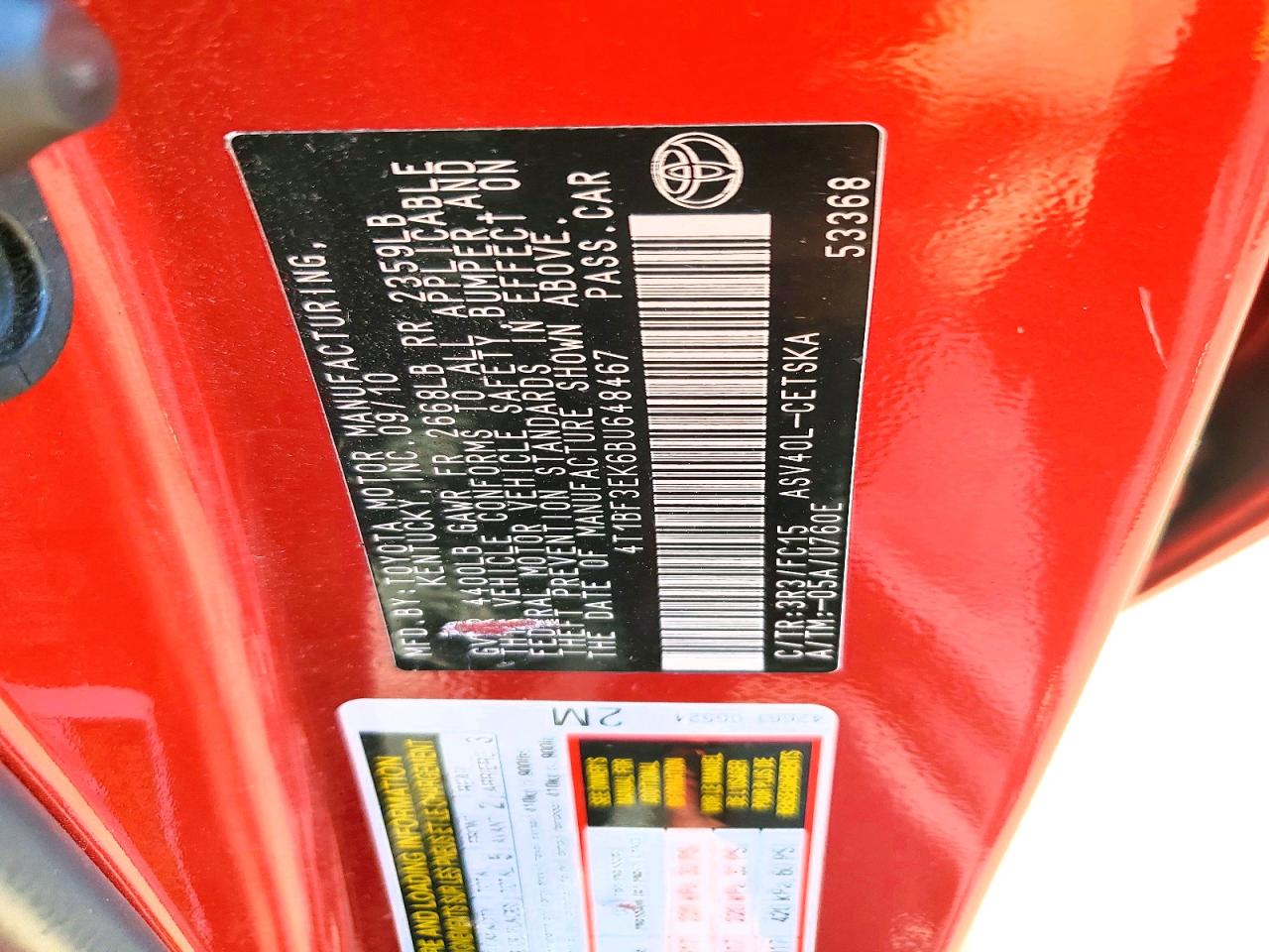 2011 Toyota Camry Se Red vin: 4T1BF3EK6BU648467