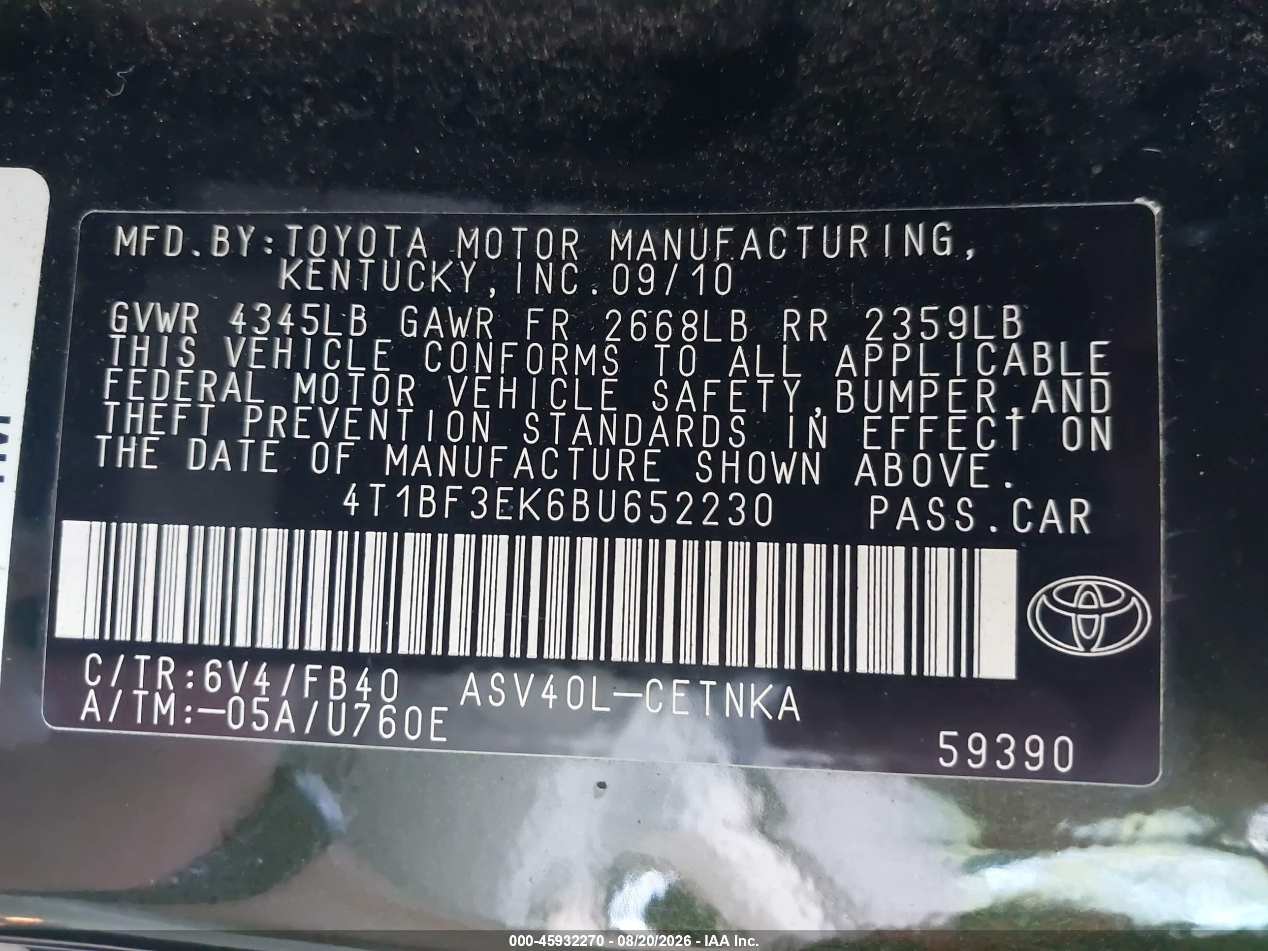 2011 Toyota Camry Le Green vin: 4T1BF3EK6BU652230
