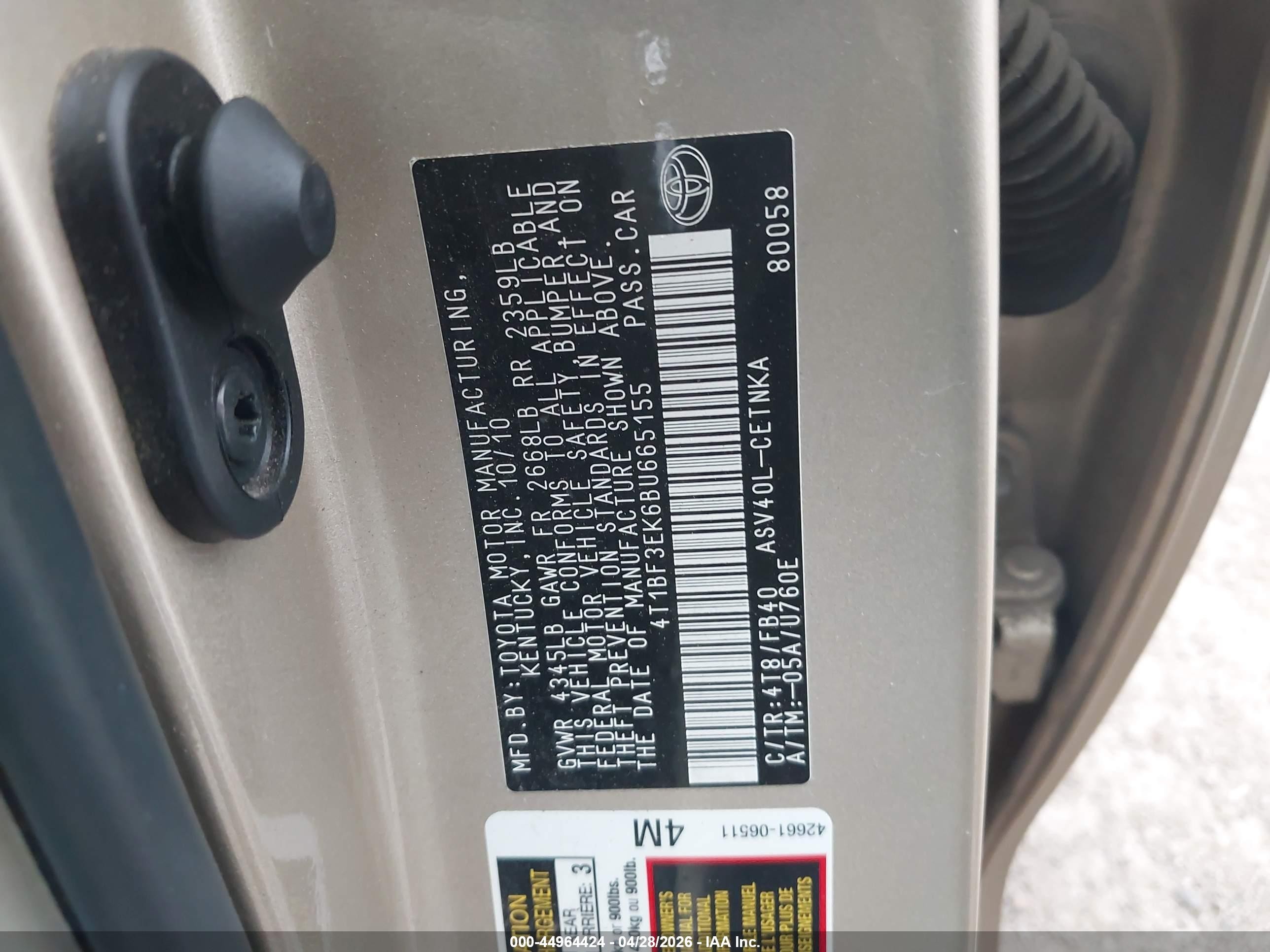 2011 Toyota Camry Le Золотой vin: 4T1BF3EK6BU665155