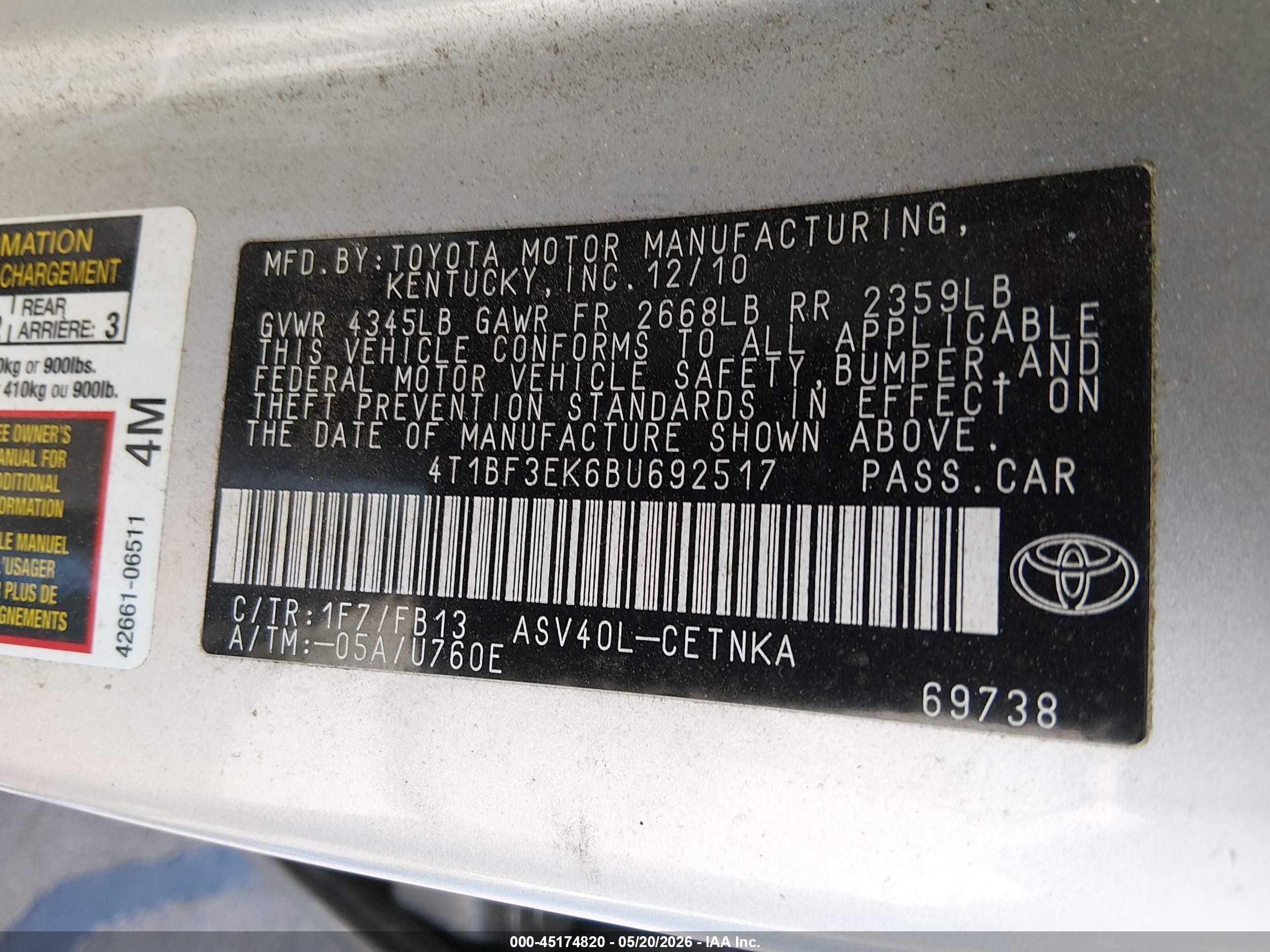 2011 Toyota Camry Le Silver vin: 4T1BF3EK6BU692517