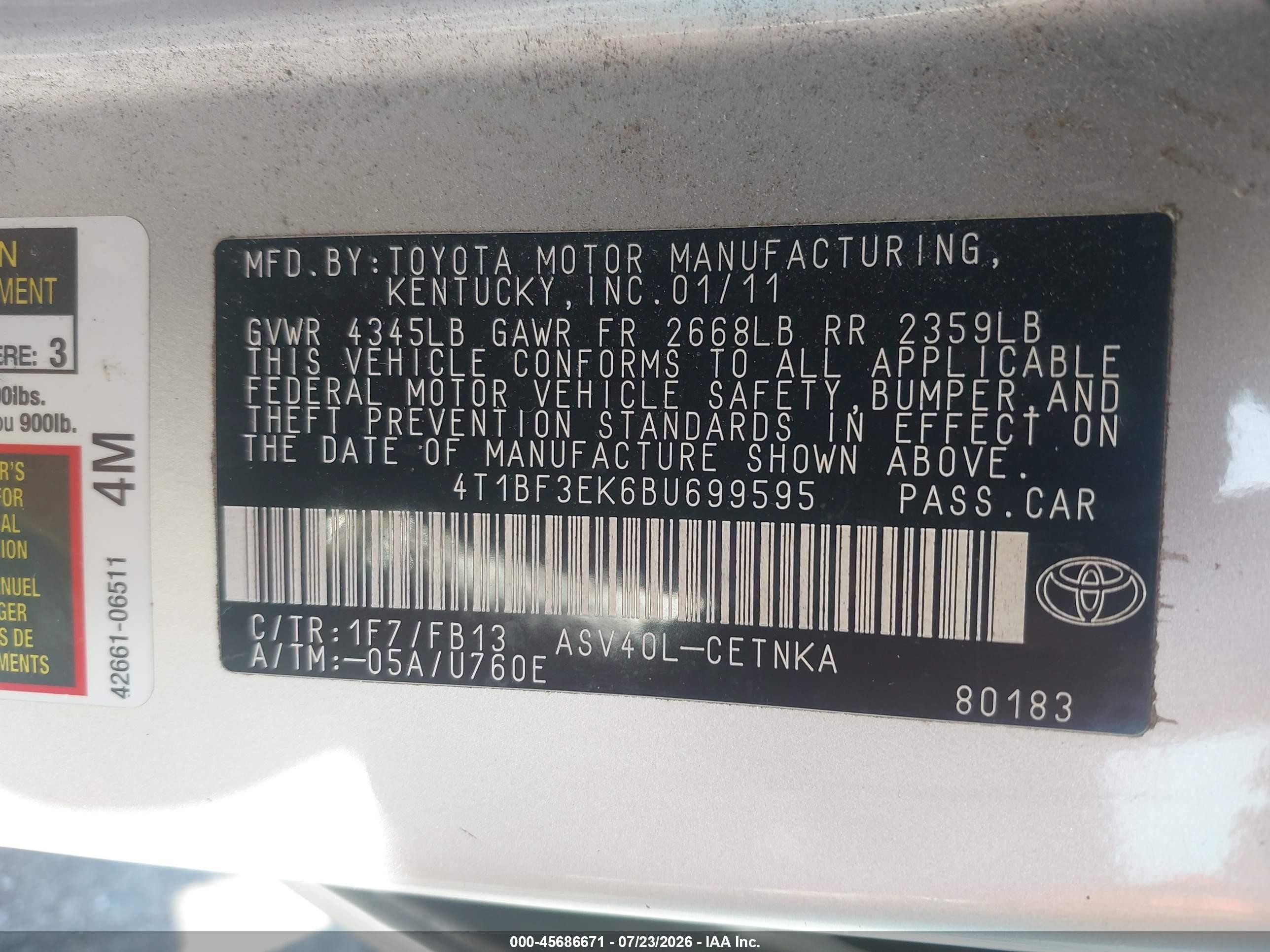 2011 Toyota Camry Le Silver vin: 4T1BF3EK6BU699595