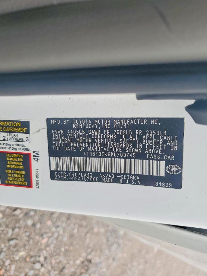 2011 Toyota Camry Xle White vin: 4T1BF3EK6BU700745