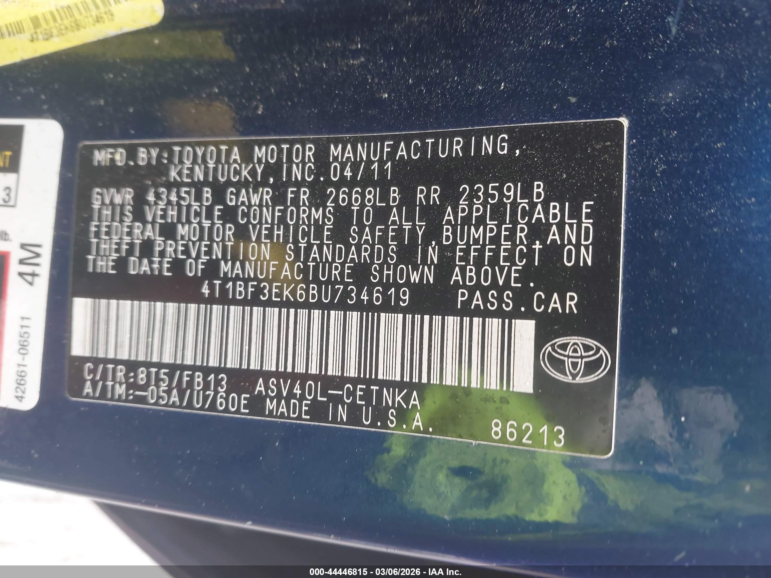 2011 Toyota Camry Le Blue vin: 4T1BF3EK6BU734619