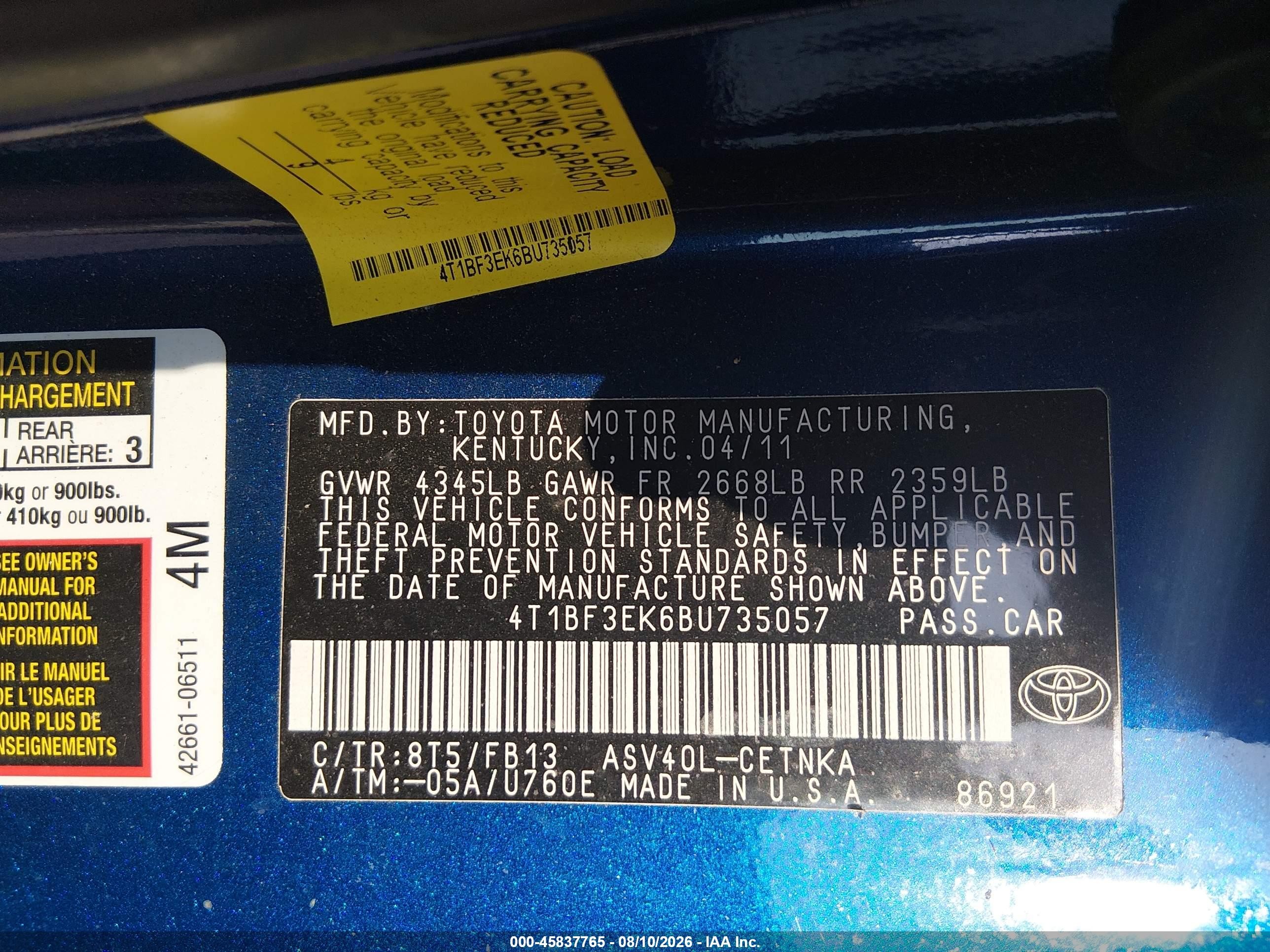 2011 Toyota Camry Le Blue vin: 4T1BF3EK6BU735057