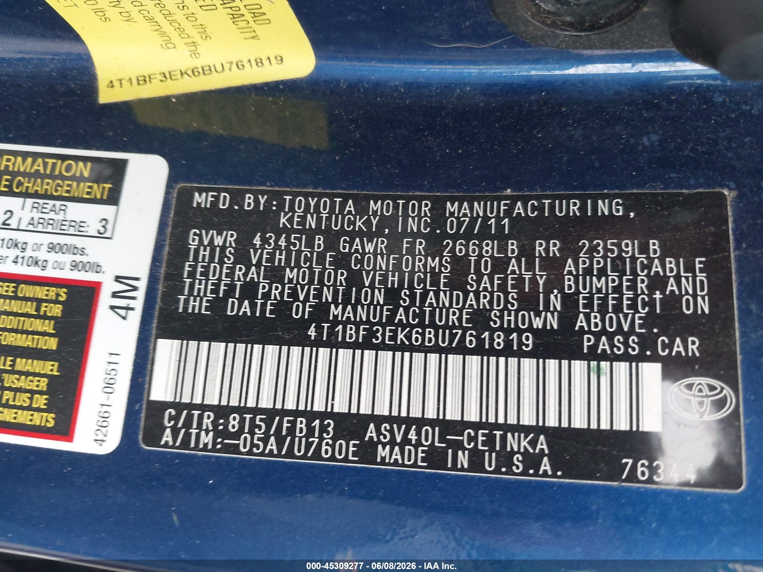 2011 Toyota Camry Le Blue vin: 4T1BF3EK6BU761819