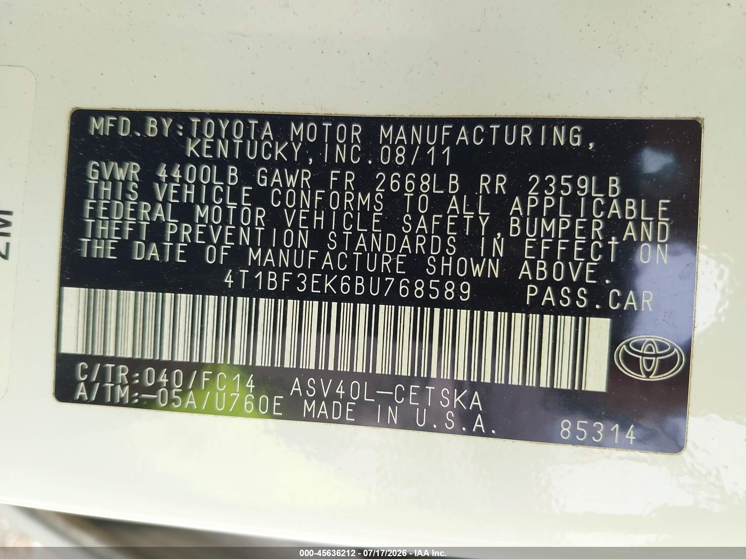 2011 Toyota Camry Se White vin: 4T1BF3EK6BU768589