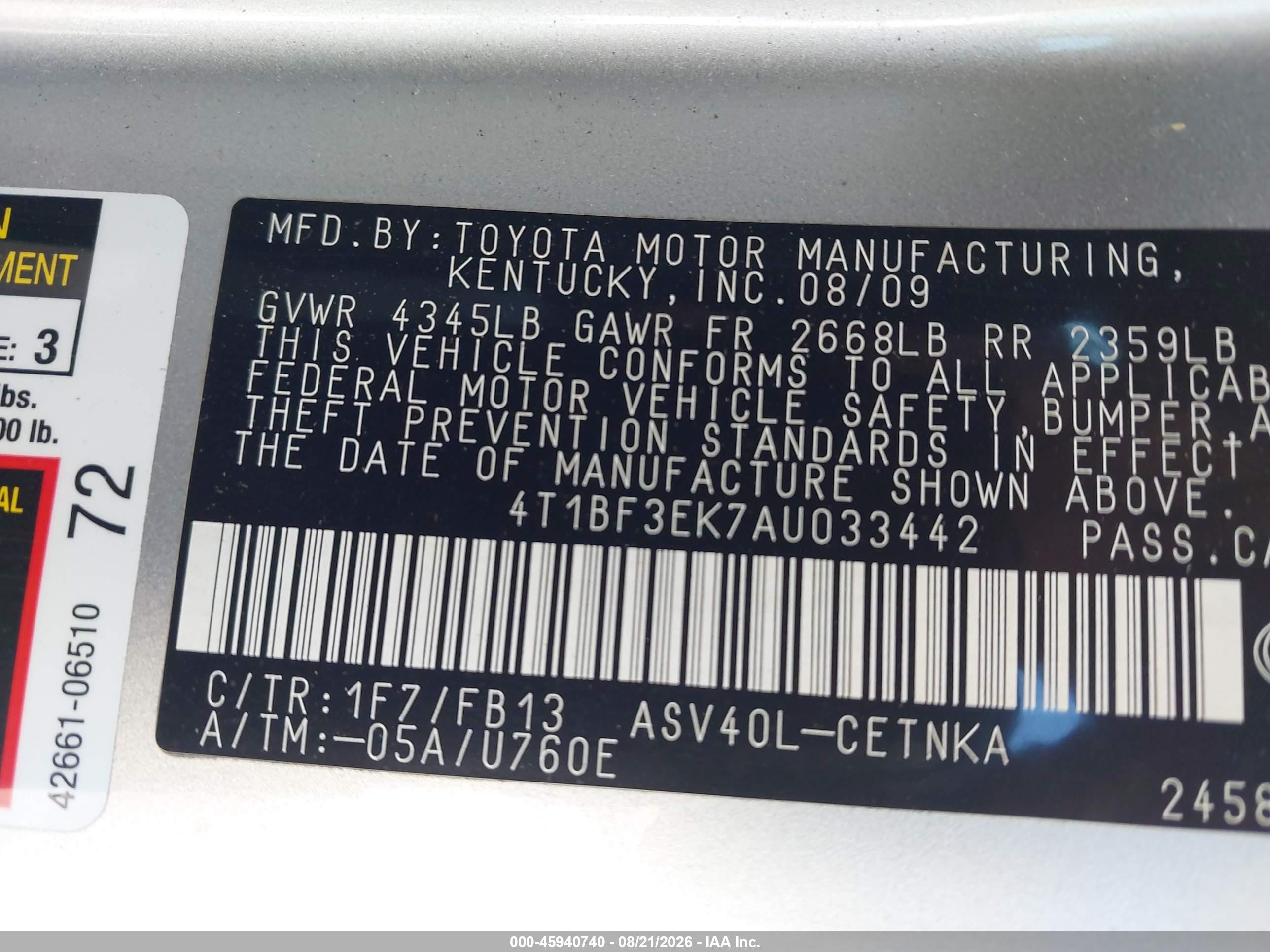 2010 Toyota Camry Le Silver vin: 4T1BF3EK7AU033442
