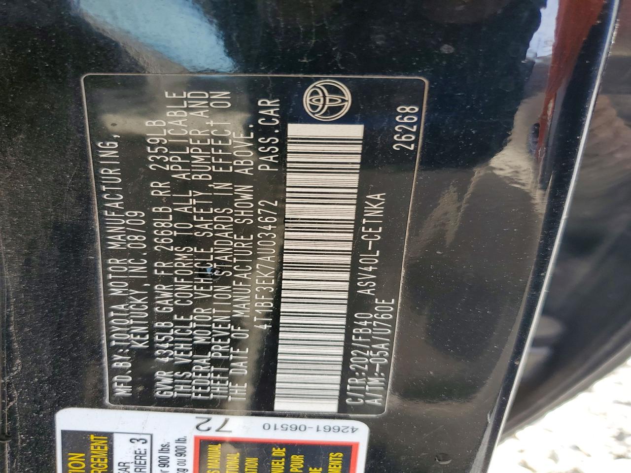 2010 Toyota Camry Base Black vin: 4T1BF3EK7AU034672