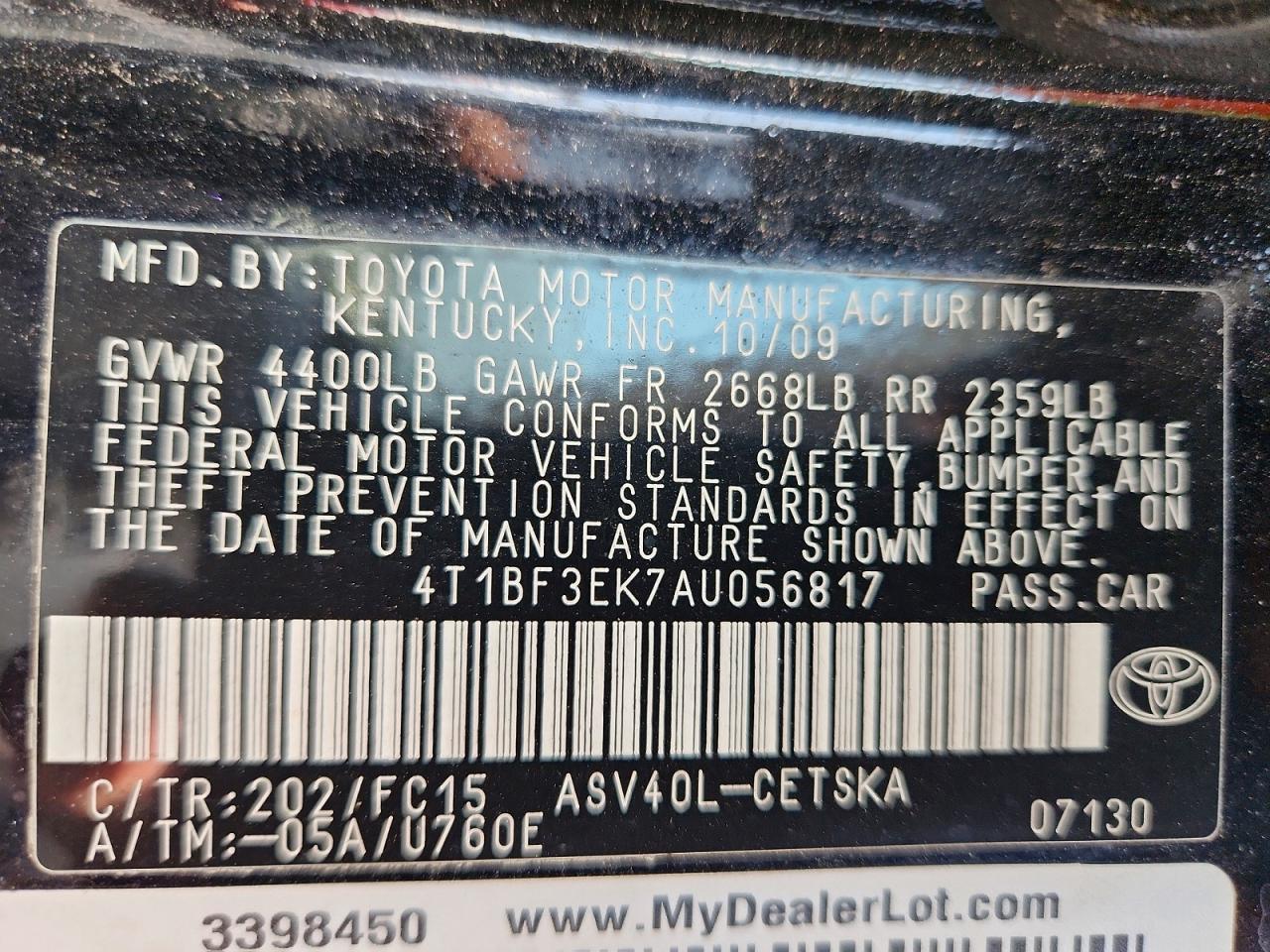 2010 Toyota Camry Base Черный vin: 4T1BF3EK7AU056817