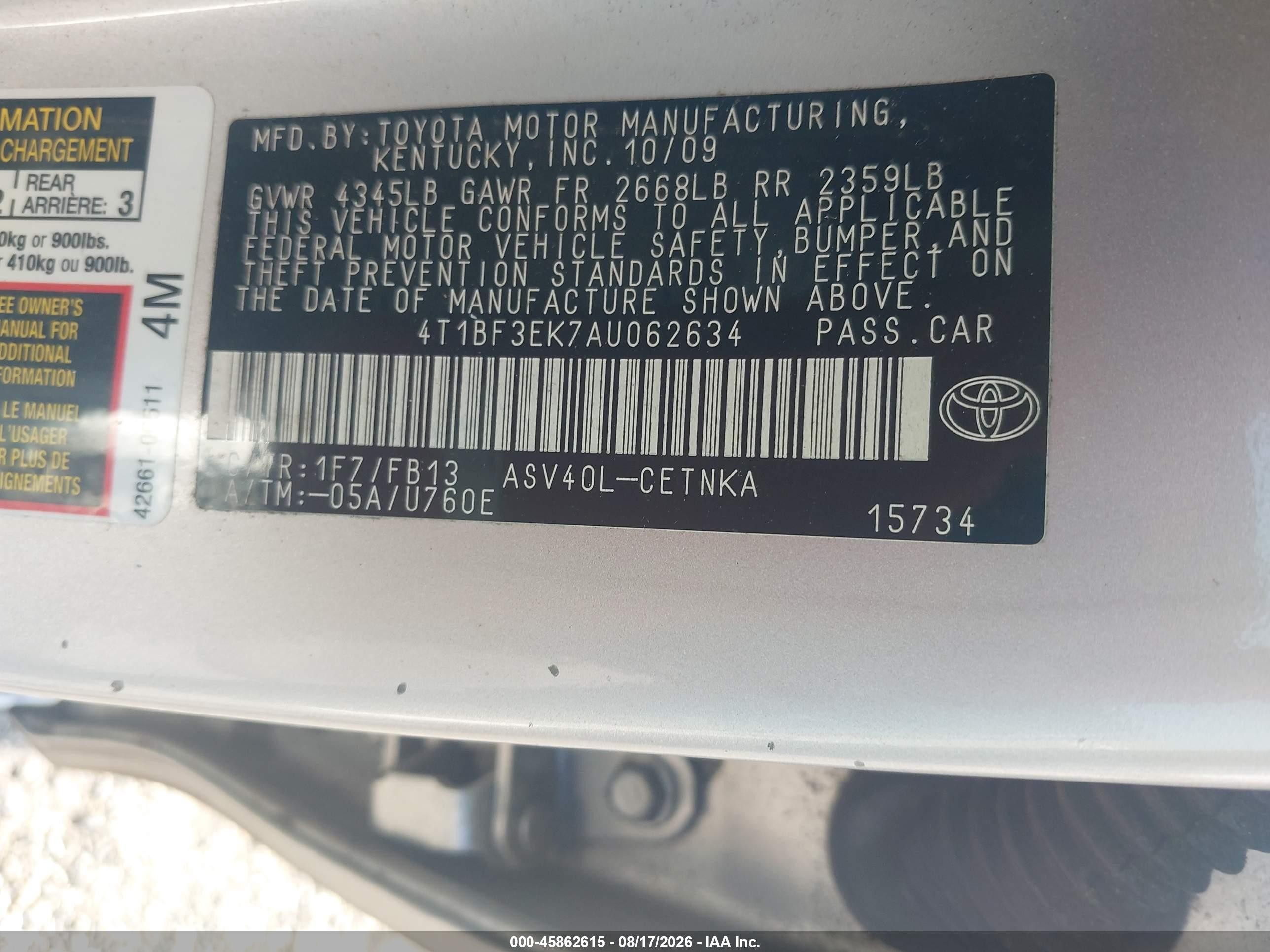 2010 Toyota Camry Le Silver vin: 4T1BF3EK7AU062634