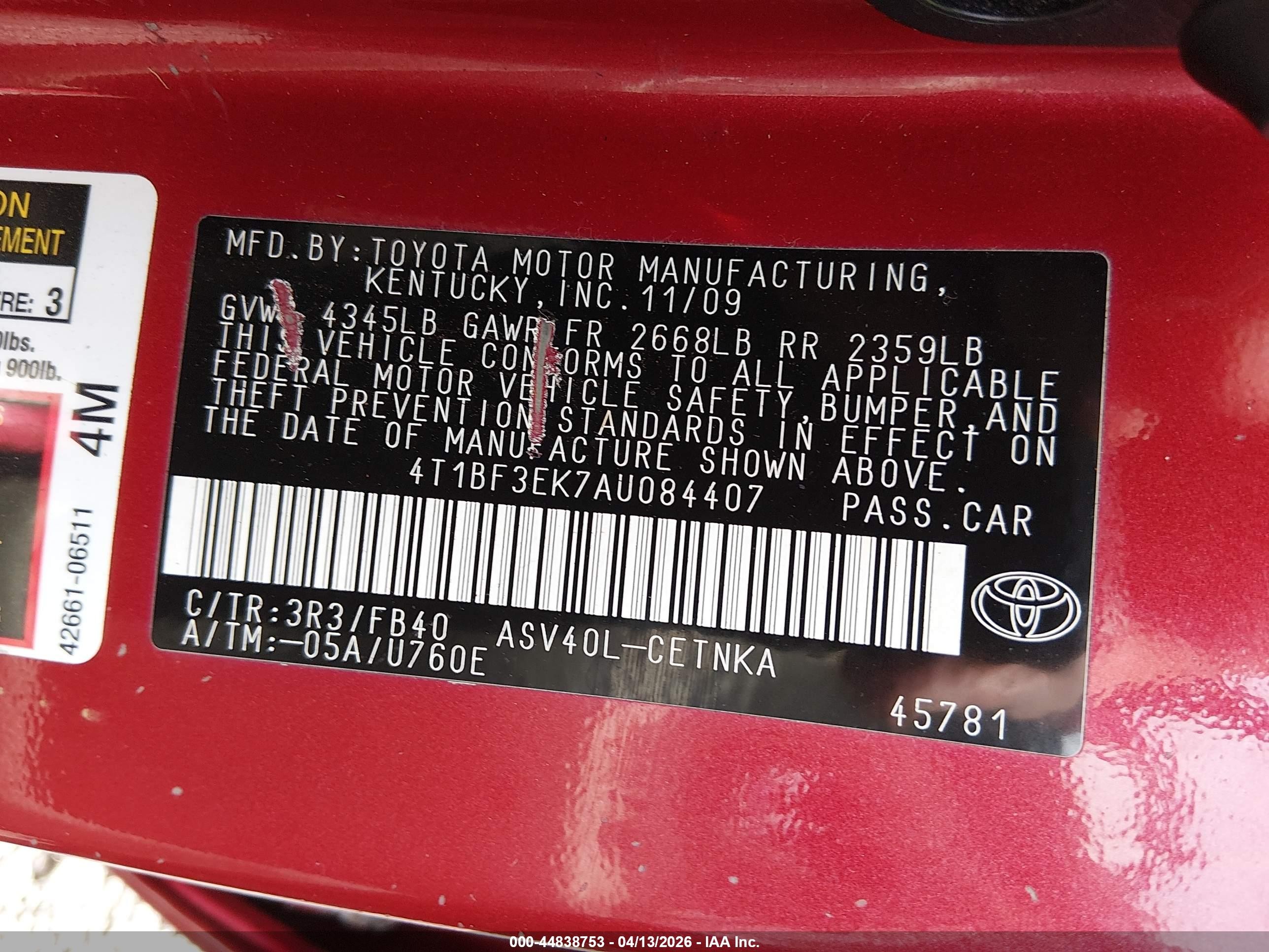 2010 Toyota Camry Le Red vin: 4T1BF3EK7AU084407