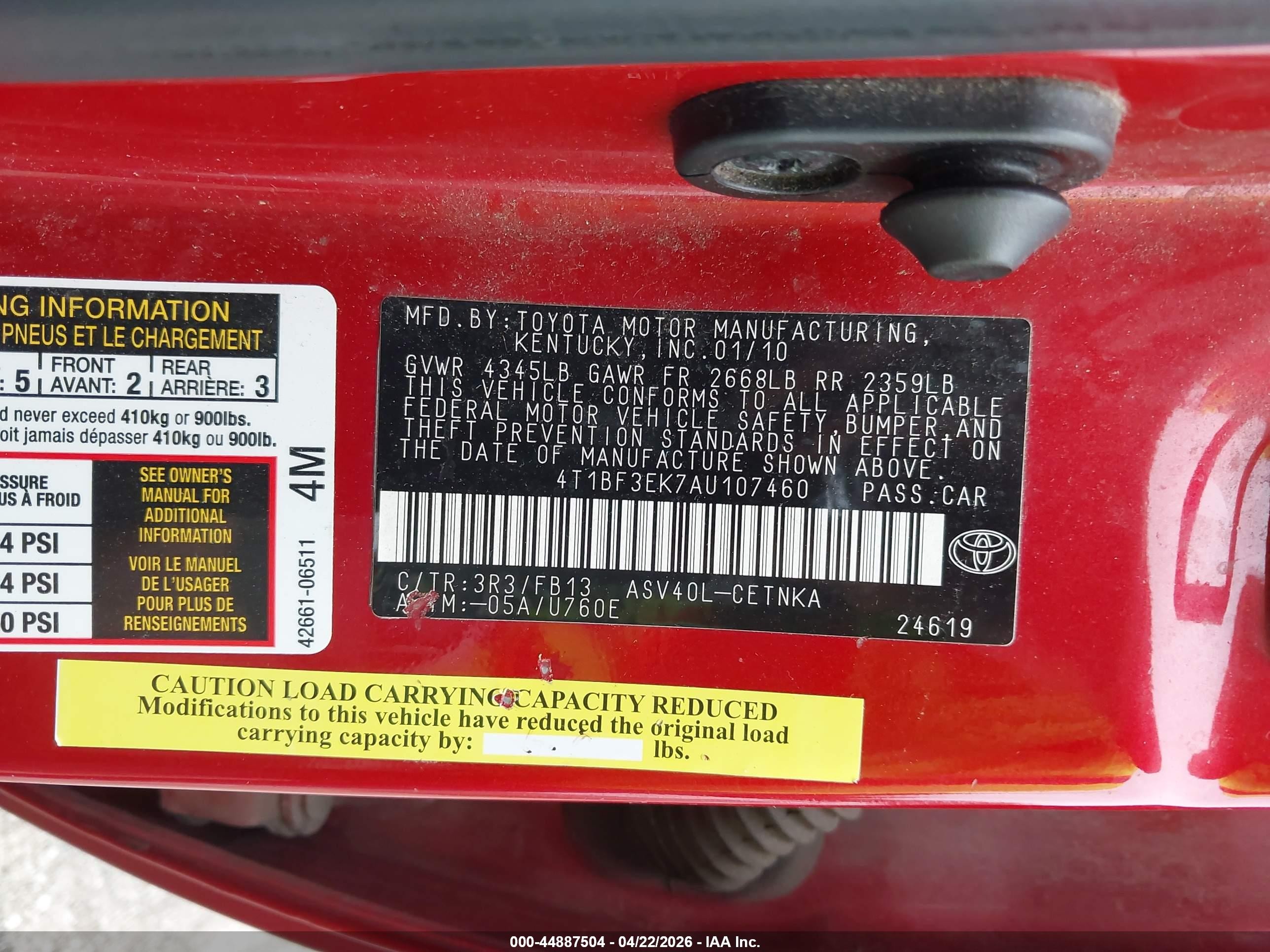 2010 Toyota Camry Le Red vin: 4T1BF3EK7AU107460