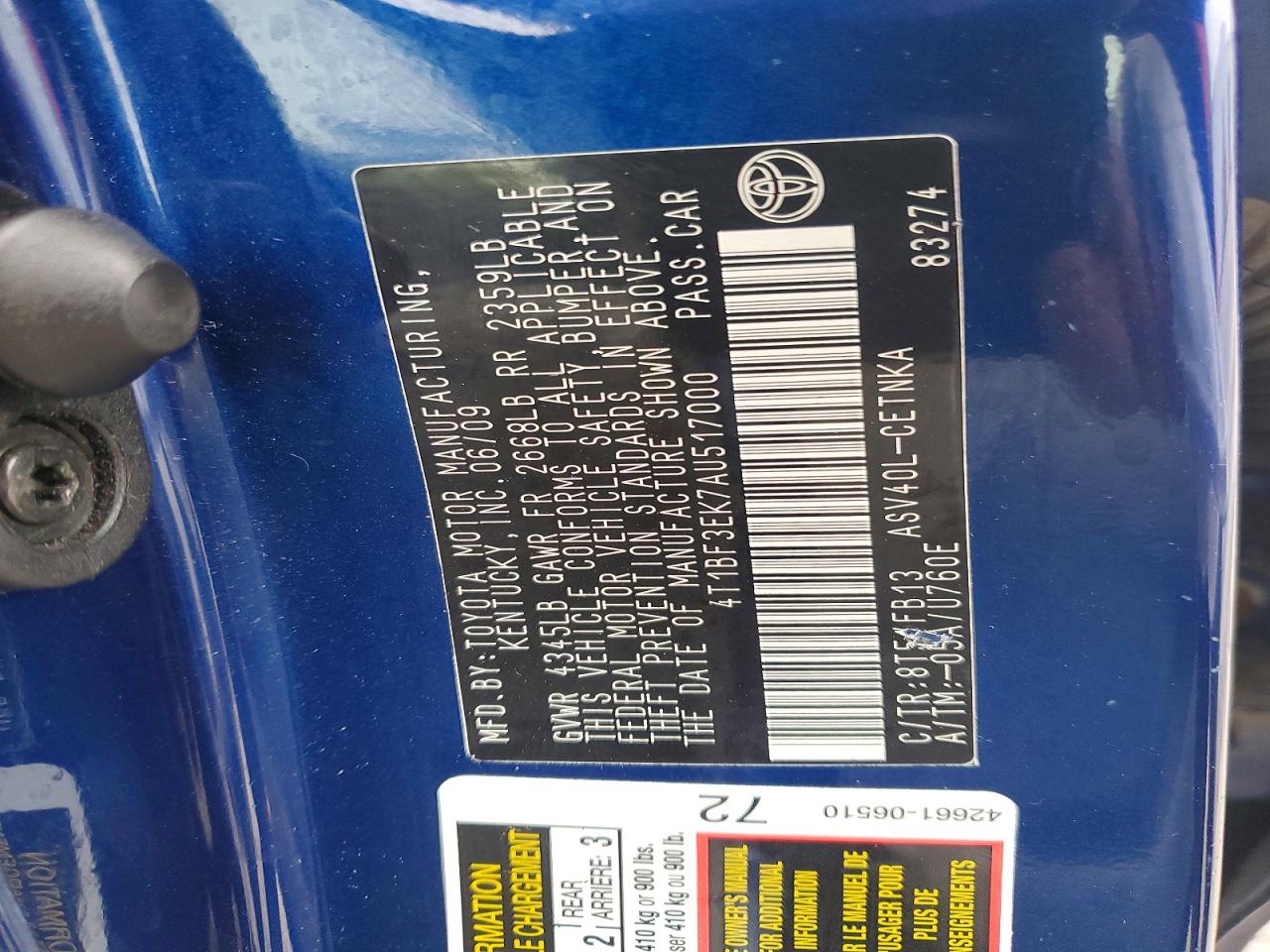 2010 Toyota Camry Le Blue vin: 4T1BF3EK7AU517000
