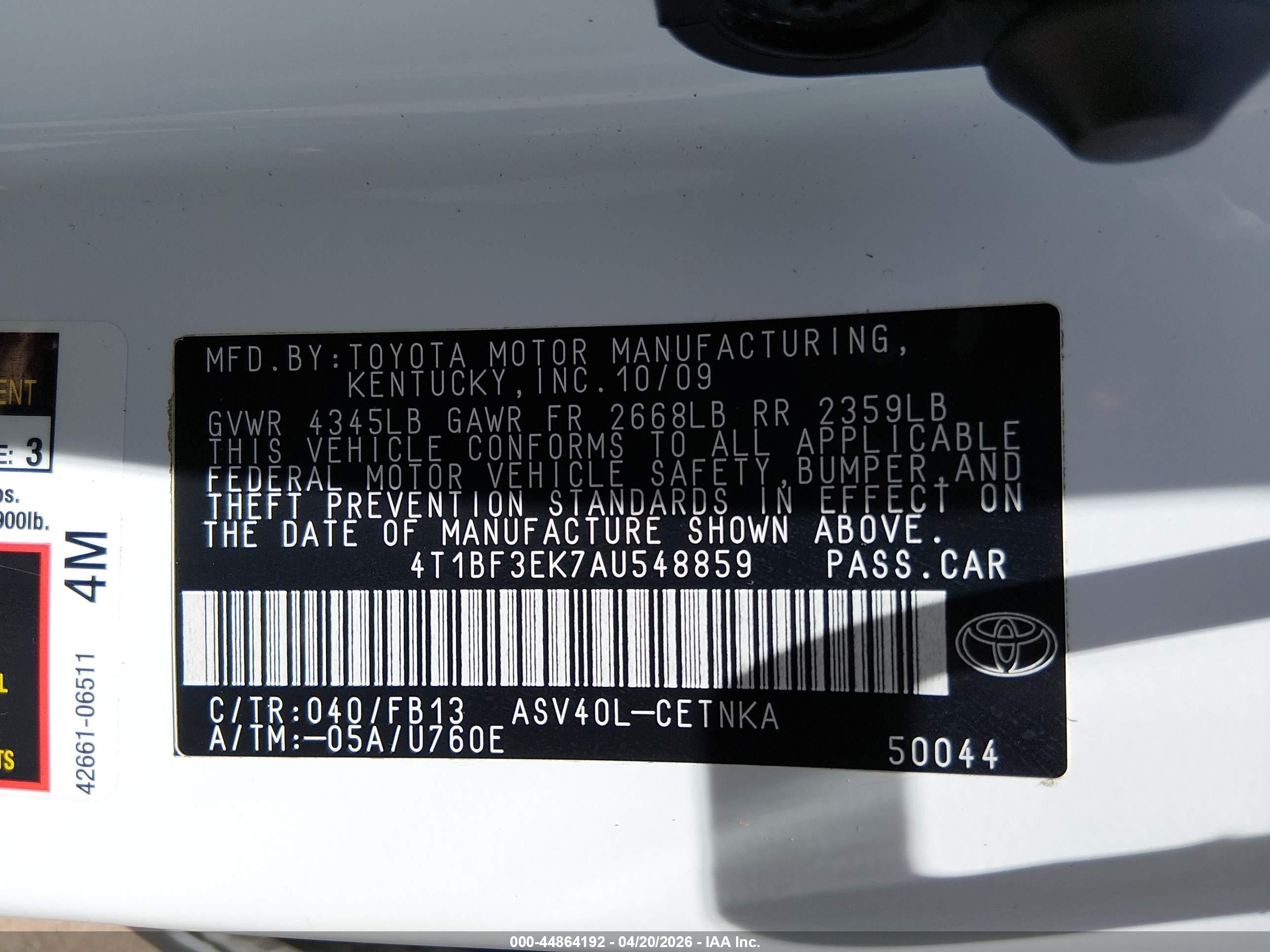 2010 Toyota Camry Le White vin: 4T1BF3EK7AU548859