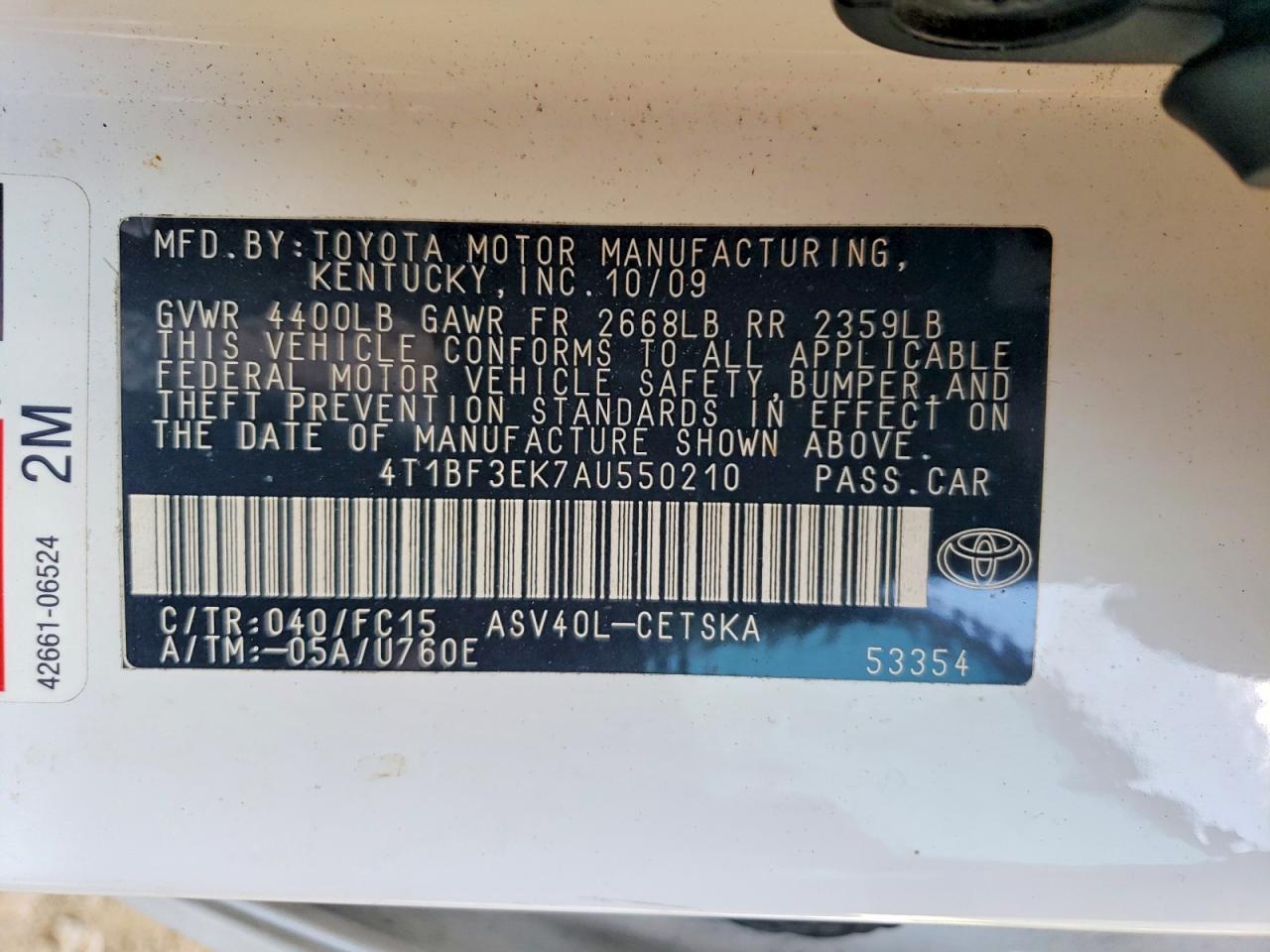 2010 Toyota Camry Se White vin: 4T1BF3EK7AU550210