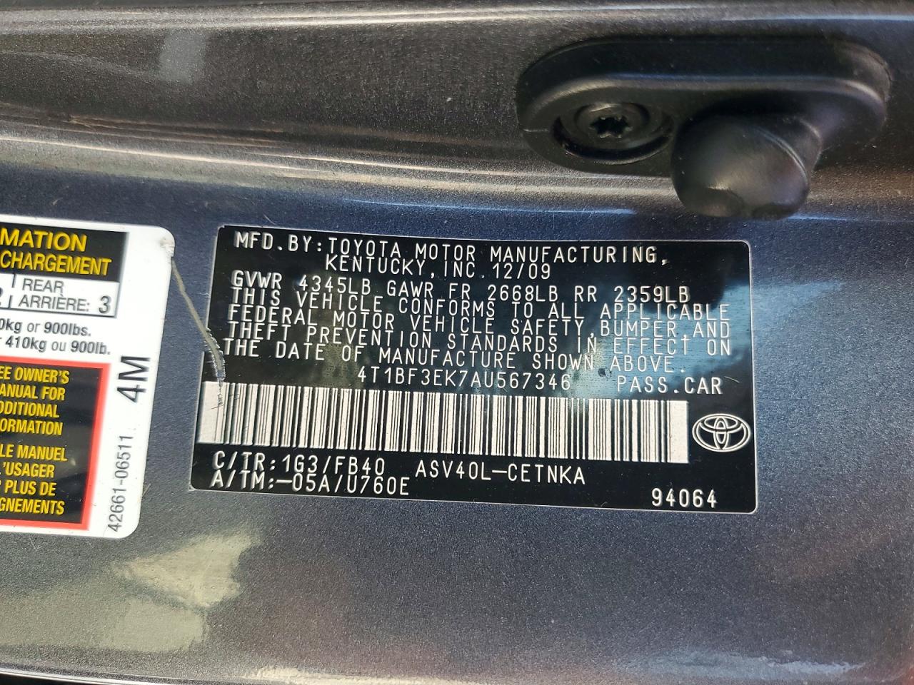 2010 Toyota Camry Le Синий vin: 4T1BF3EK7AU567346