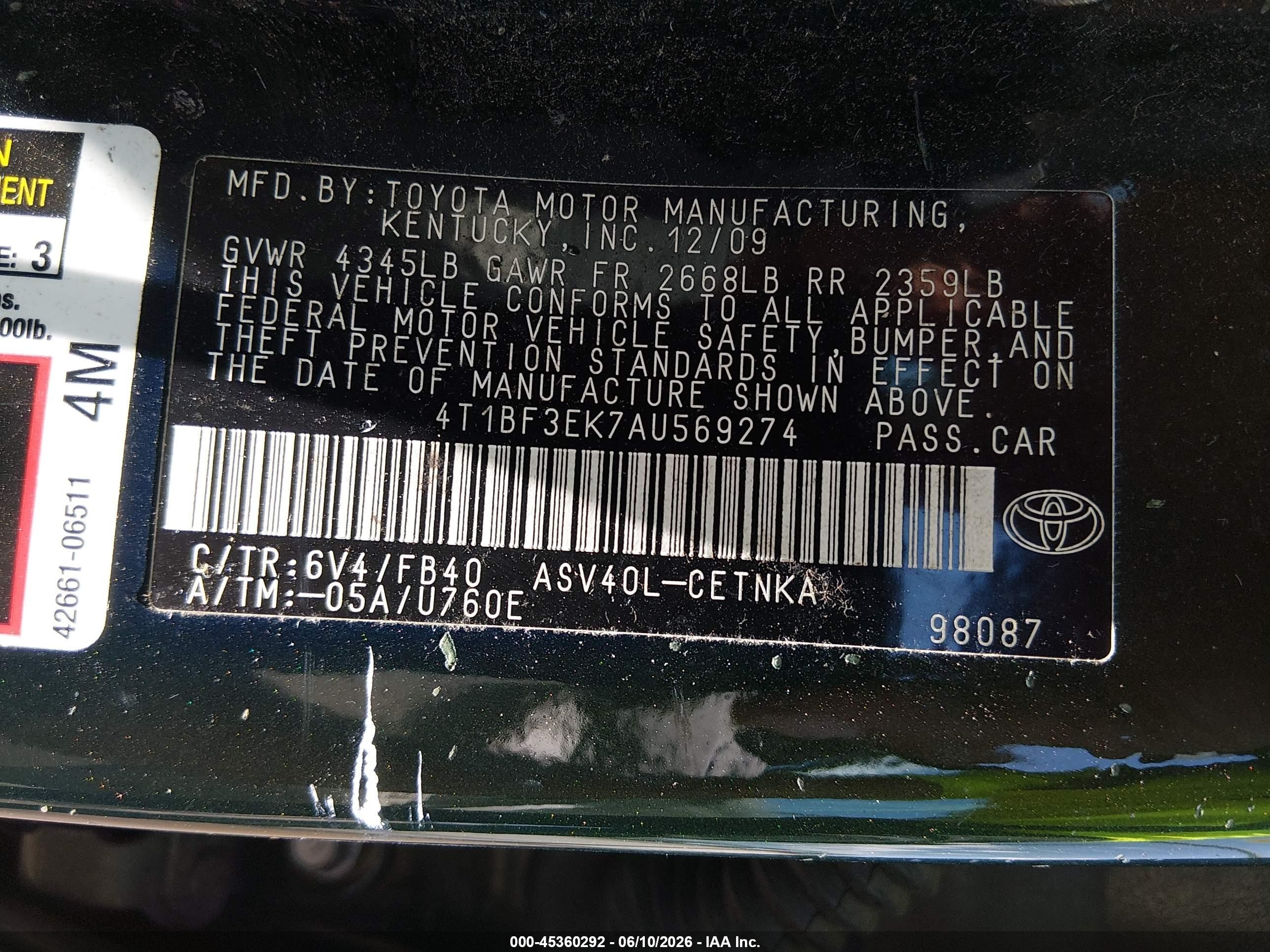 2010 Toyota Camry Le Зеленый vin: 4T1BF3EK7AU569274