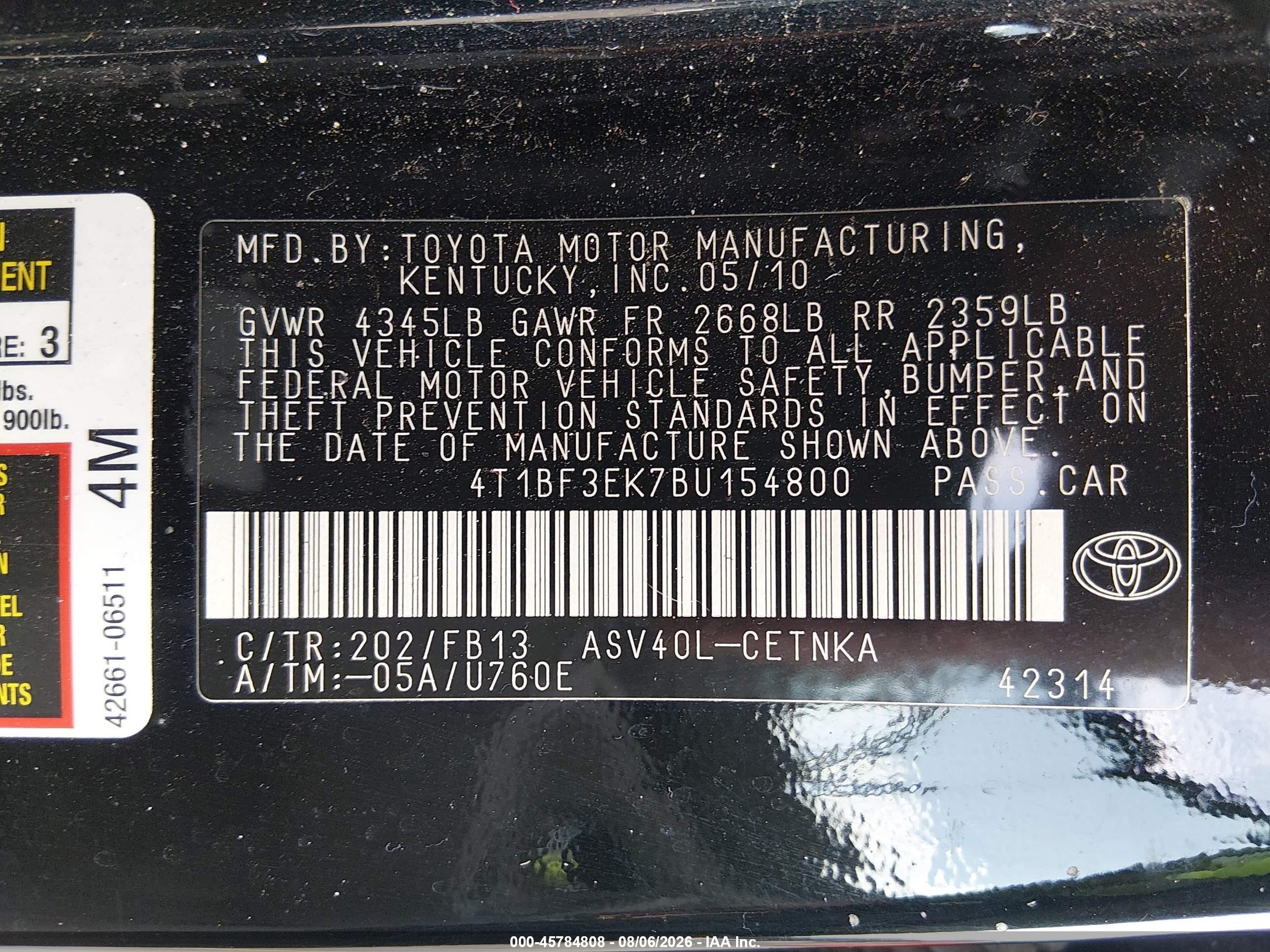 2011 Toyota Camry   Черный vin: 4T1BF3EK7BU154800
