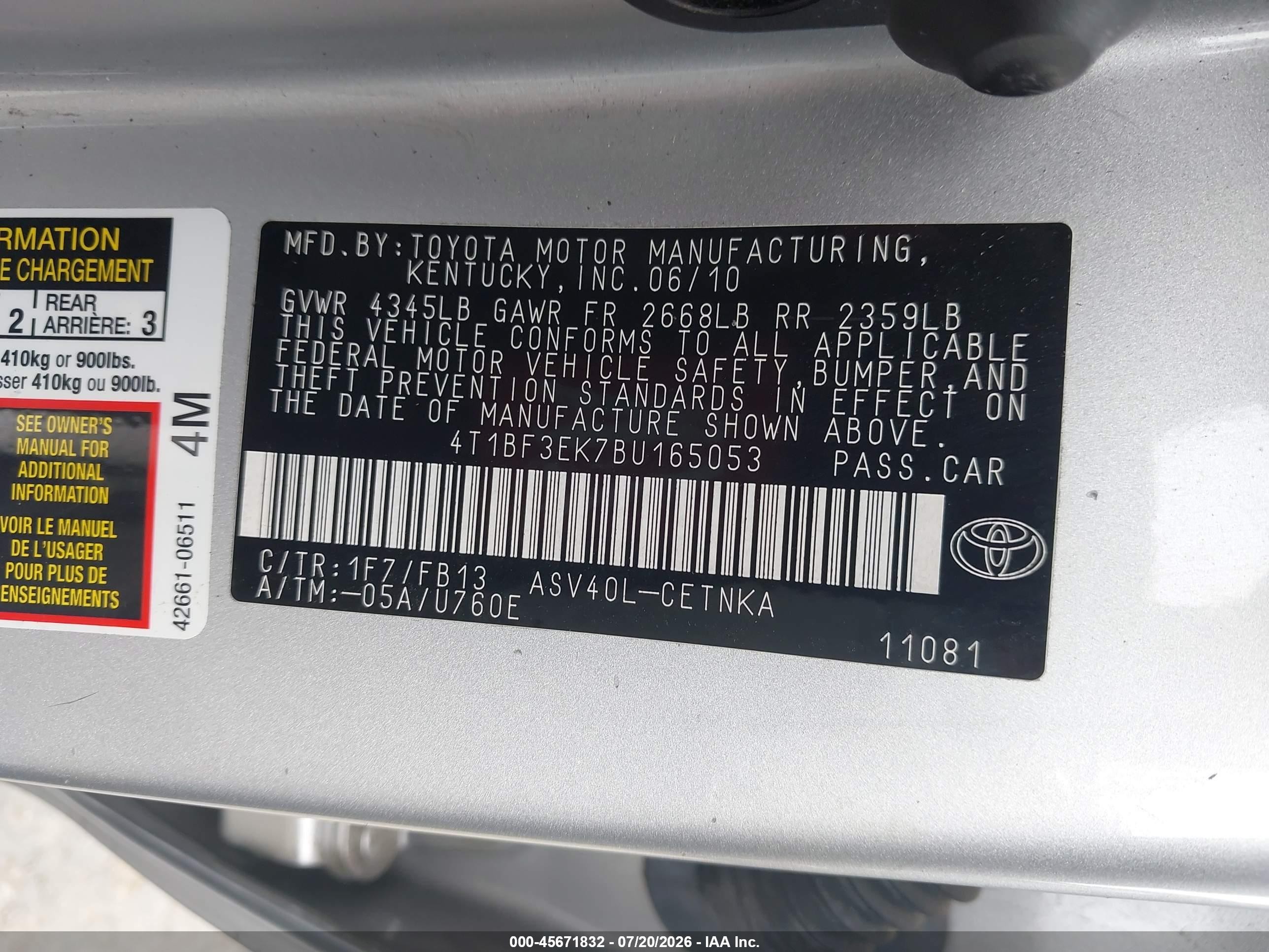 2011 Toyota Camry Le Silver vin: 4T1BF3EK7BU165053