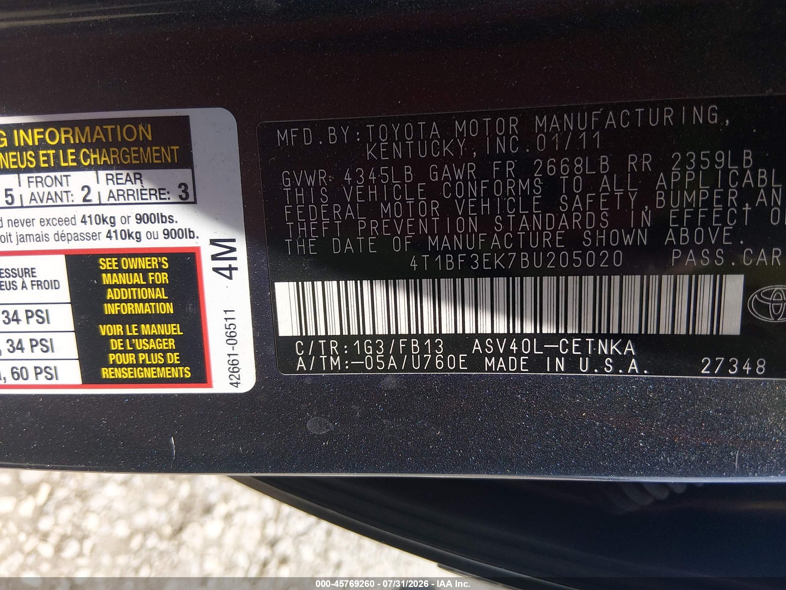 2011 Toyota Camry Le Gray vin: 4T1BF3EK7BU205020