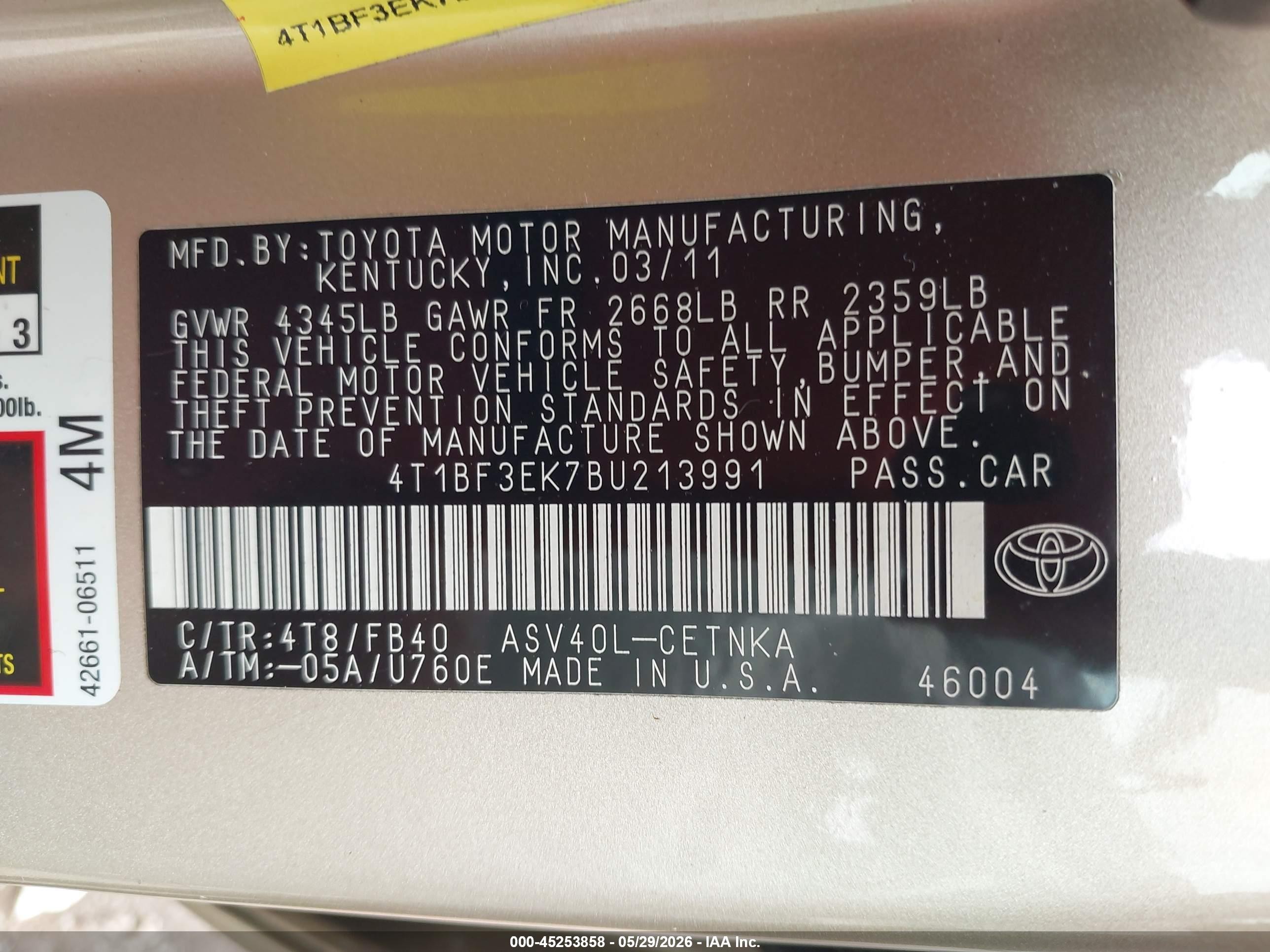 2011 Toyota Camry Le Gold vin: 4T1BF3EK7BU213991