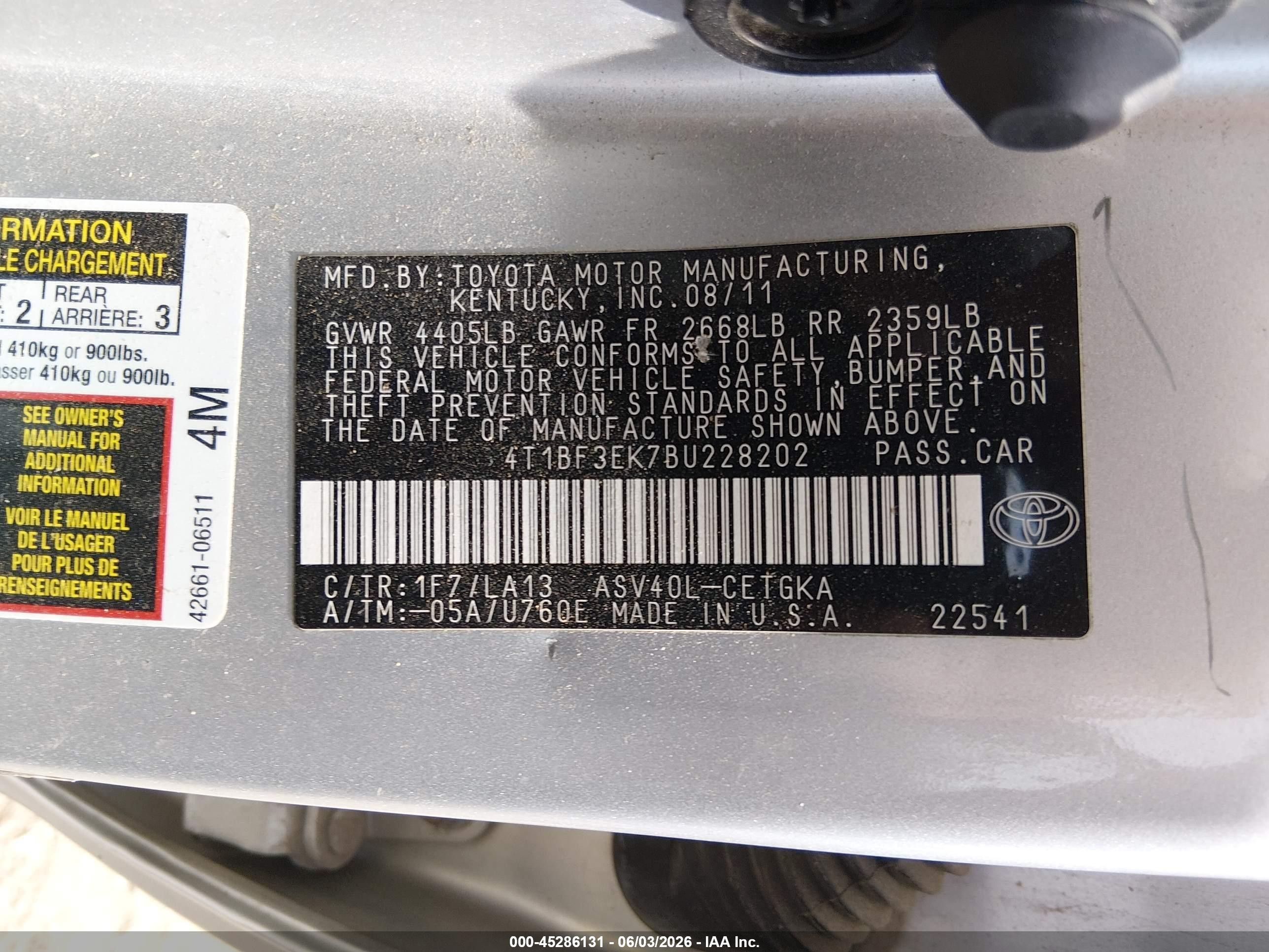 2011 Toyota Camry Xle Silver vin: 4T1BF3EK7BU228202