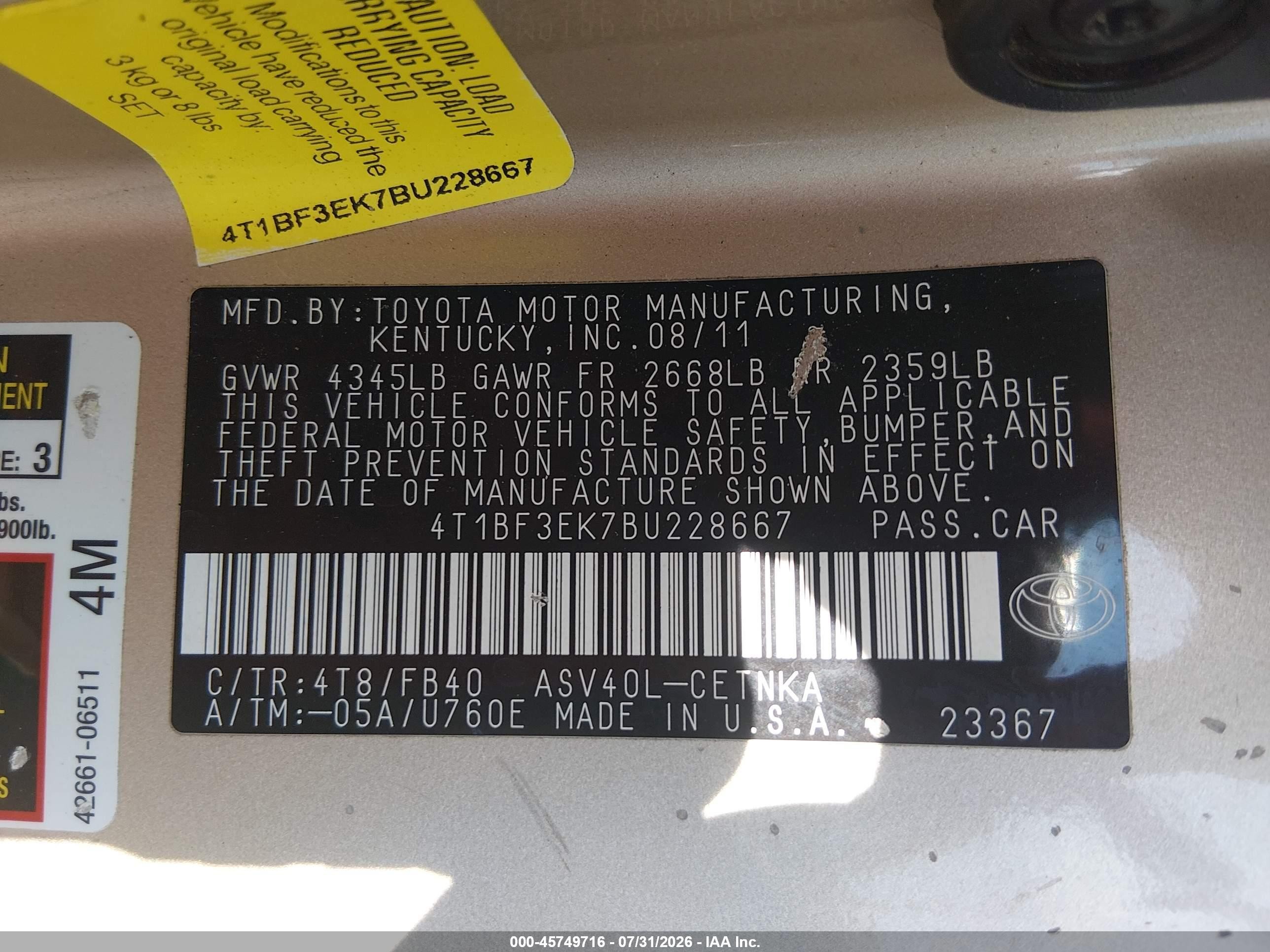 2011 Toyota Camry Le Золотой vin: 4T1BF3EK7BU228667