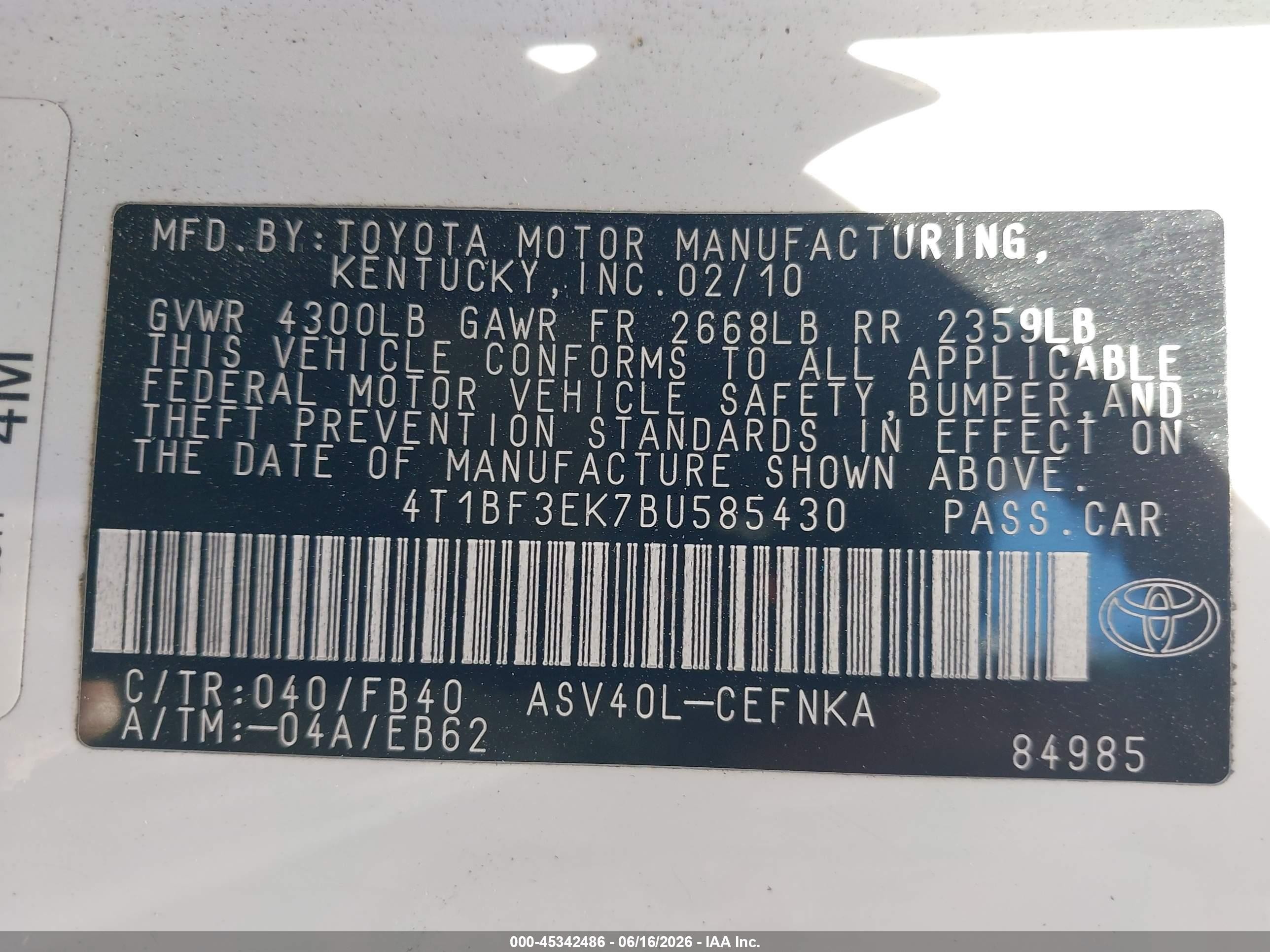 2011 Toyota Camry   White vin: 4T1BF3EK7BU585430