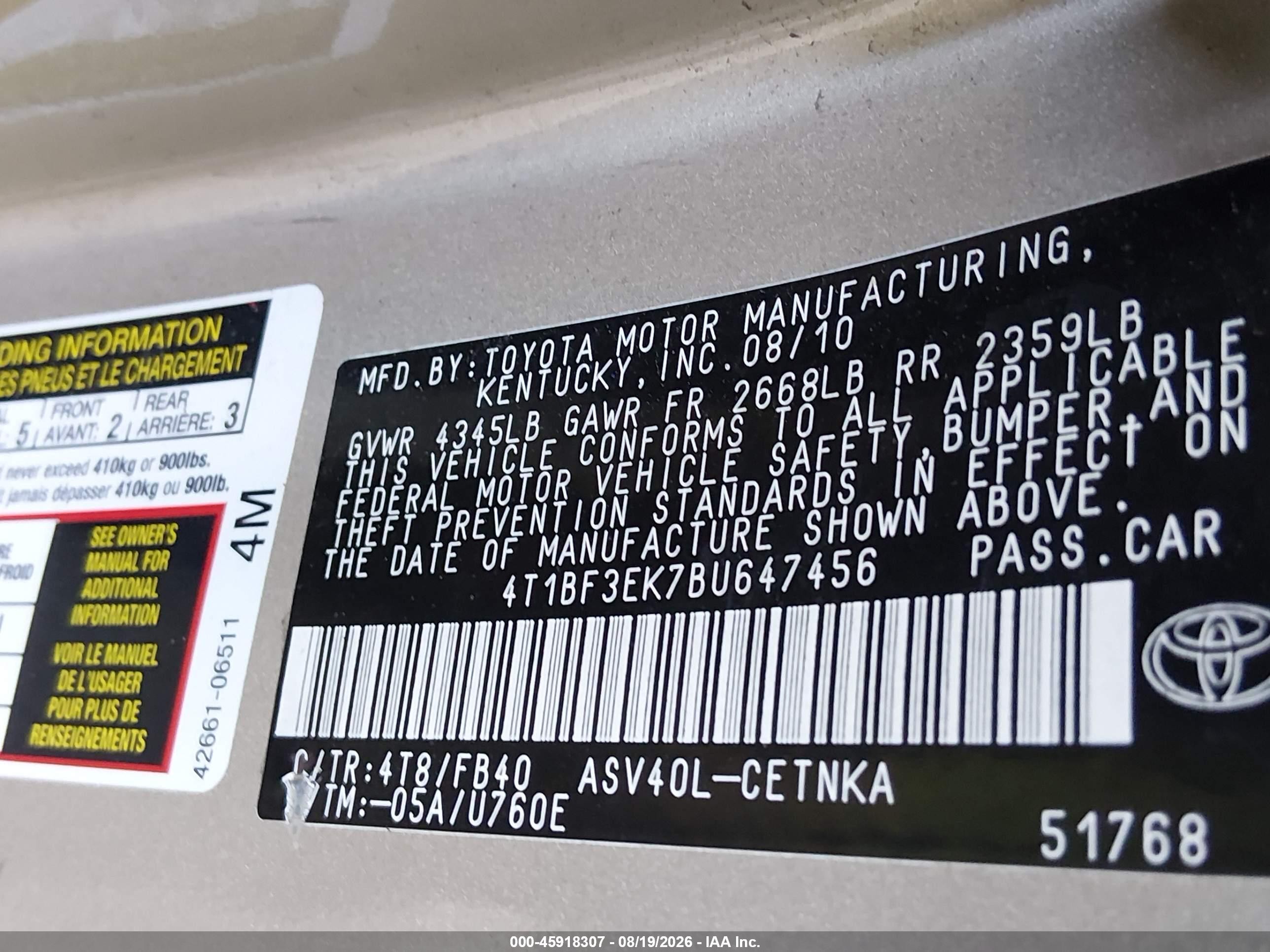 2011 Toyota Camry Le Gold vin: 4T1BF3EK7BU647456