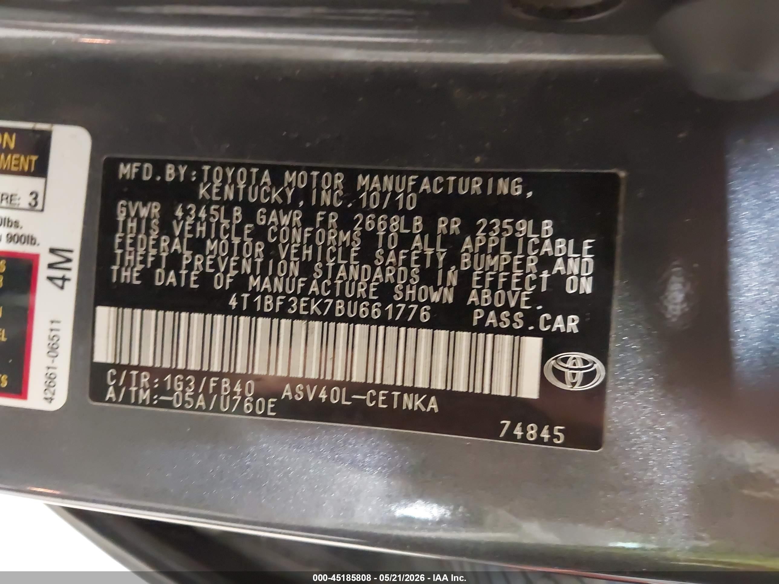 2011 Toyota Camry Le Gray vin: 4T1BF3EK7BU661776