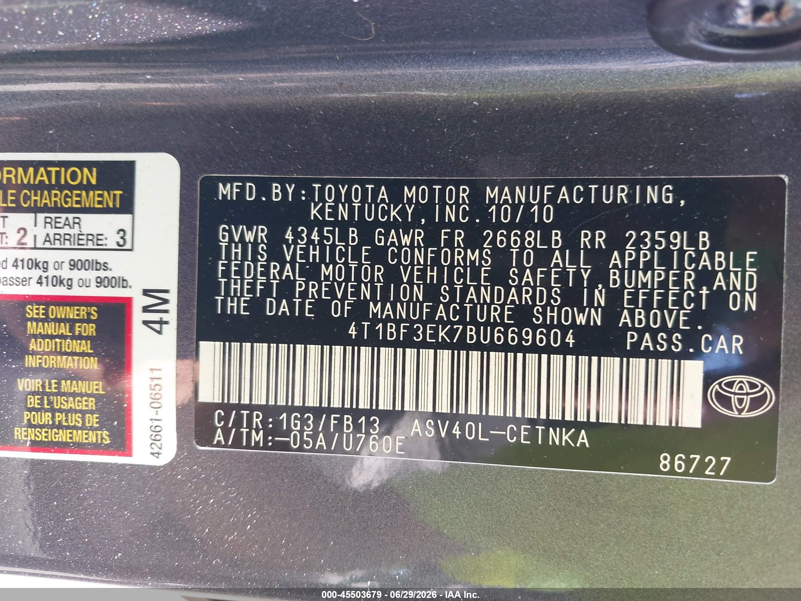 2011 Toyota Camry Le Gray vin: 4T1BF3EK7BU669604