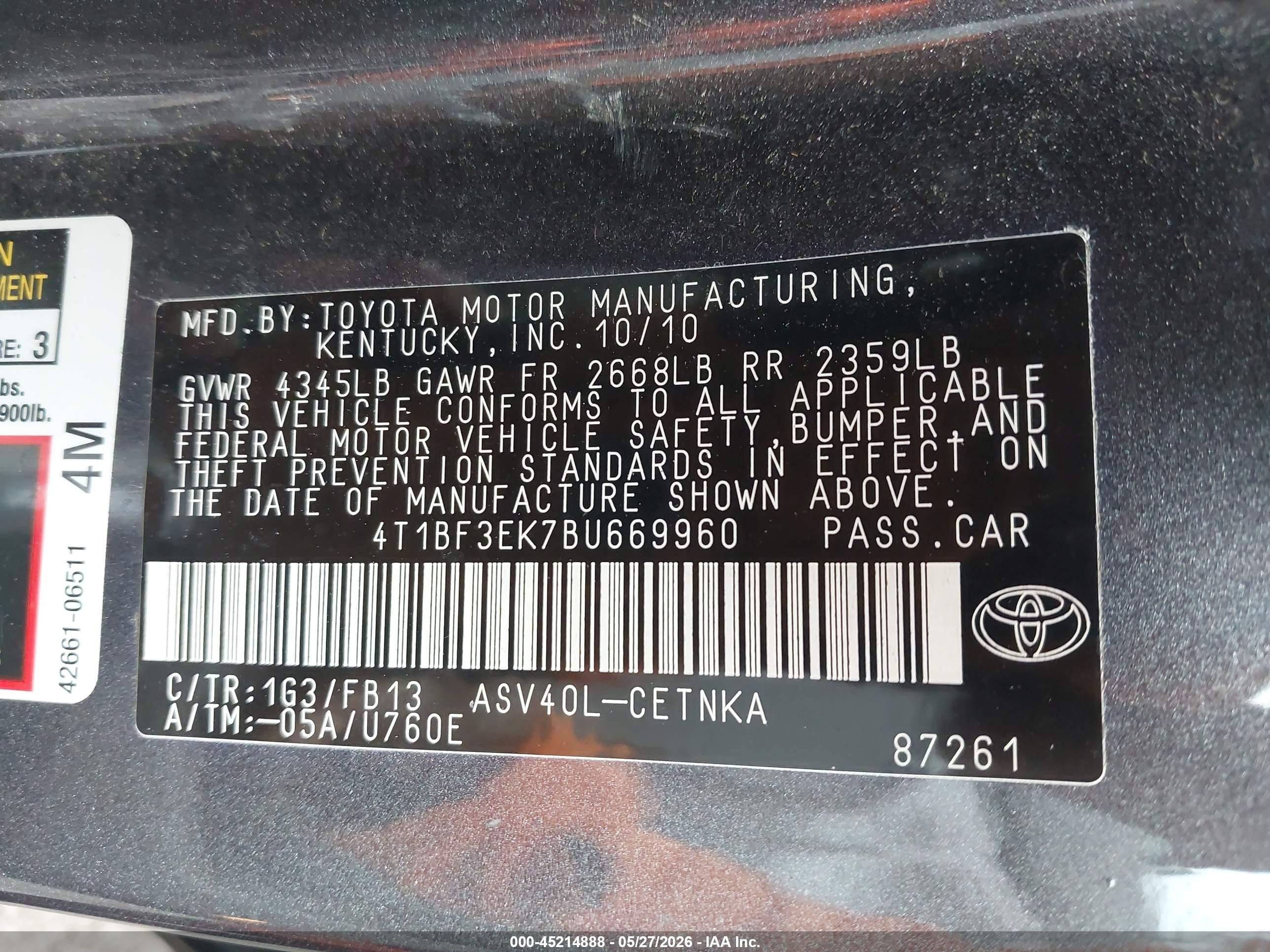 2011 Toyota Camry Le Gray vin: 4T1BF3EK7BU669960