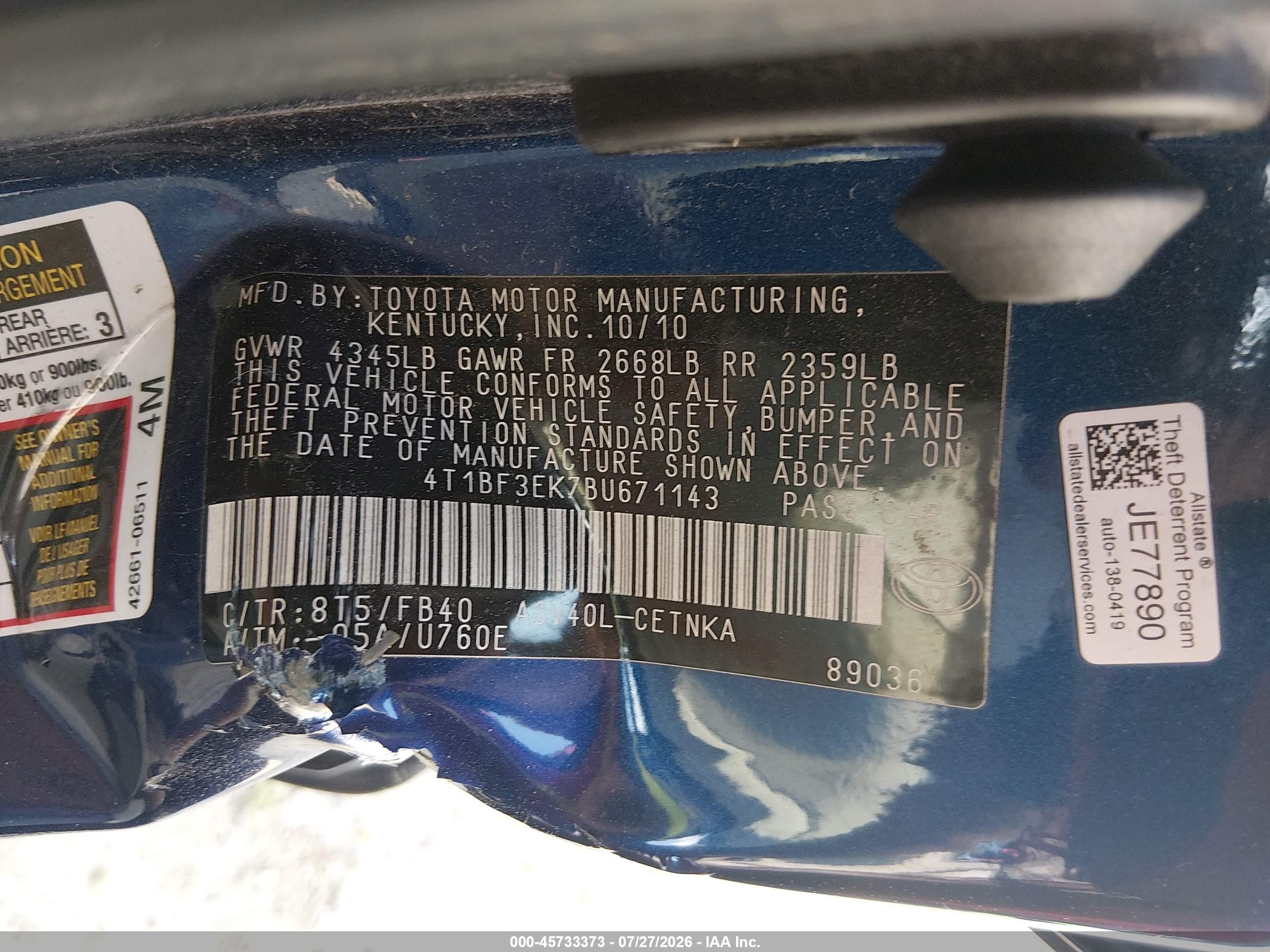 2011 Toyota Camry   Blue vin: 4T1BF3EK7BU671143