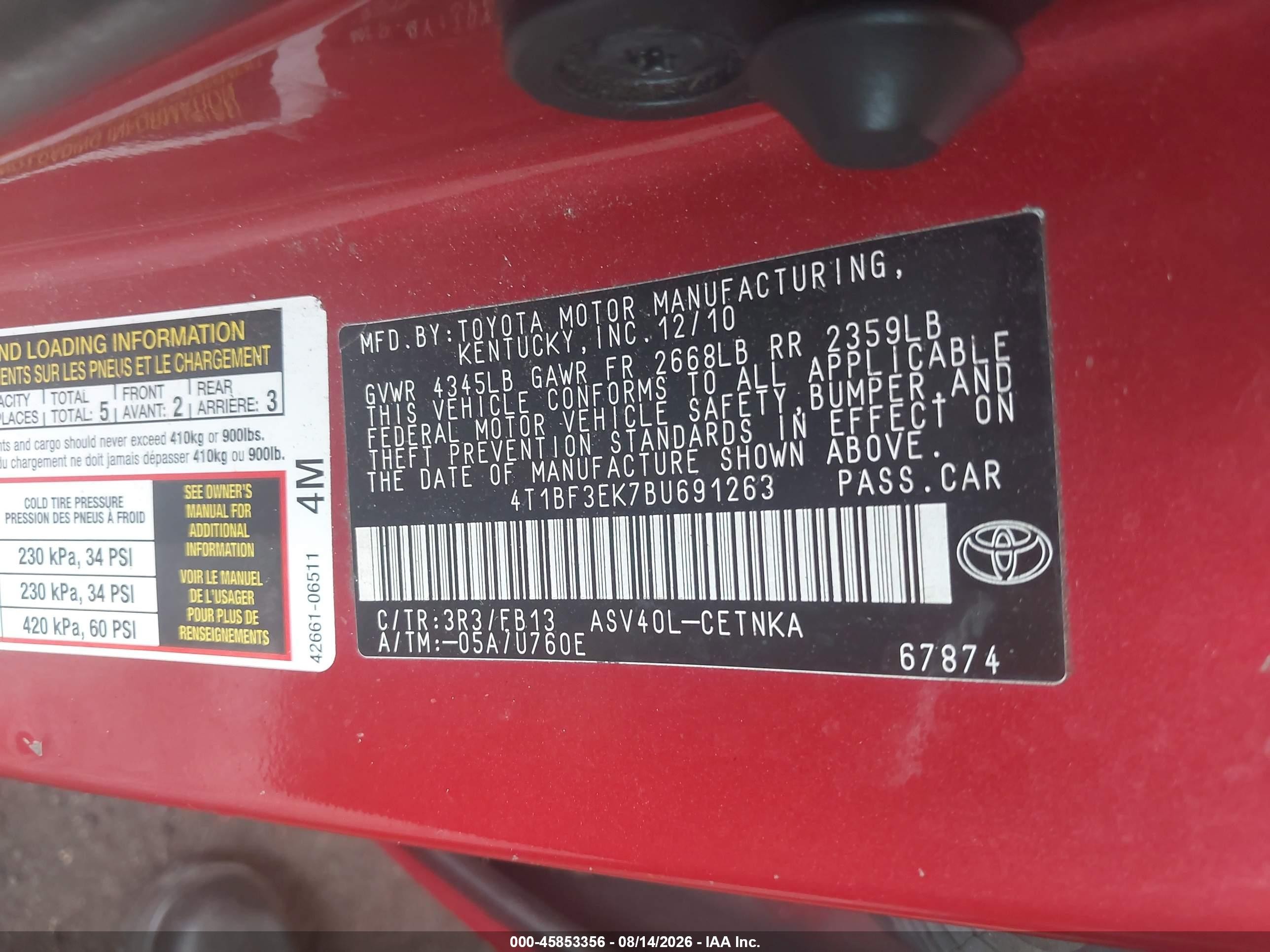2011 Toyota Camry Le Red vin: 4T1BF3EK7BU691263