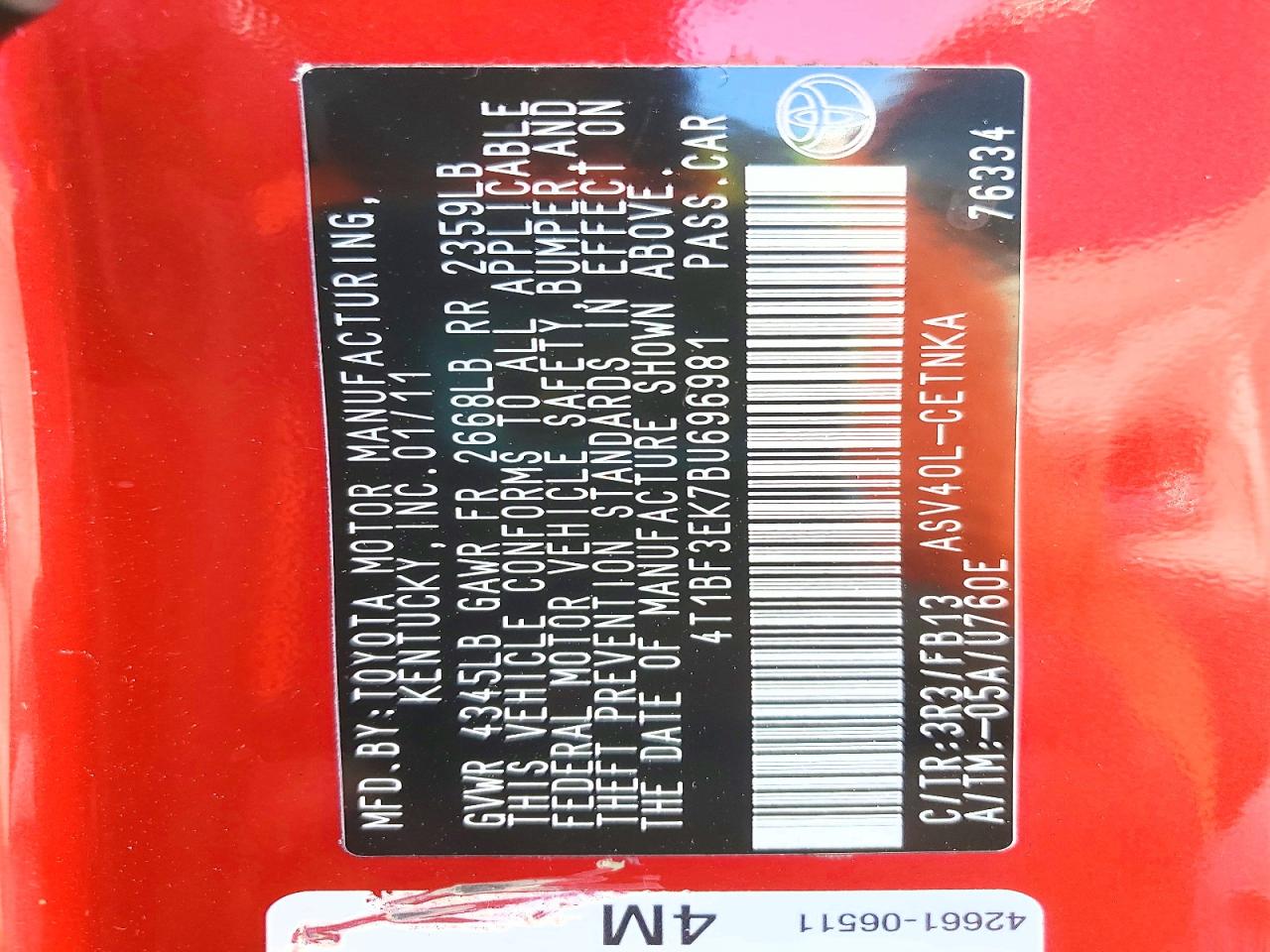 2011 Toyota Camry Le Red vin: 4T1BF3EK7BU696981