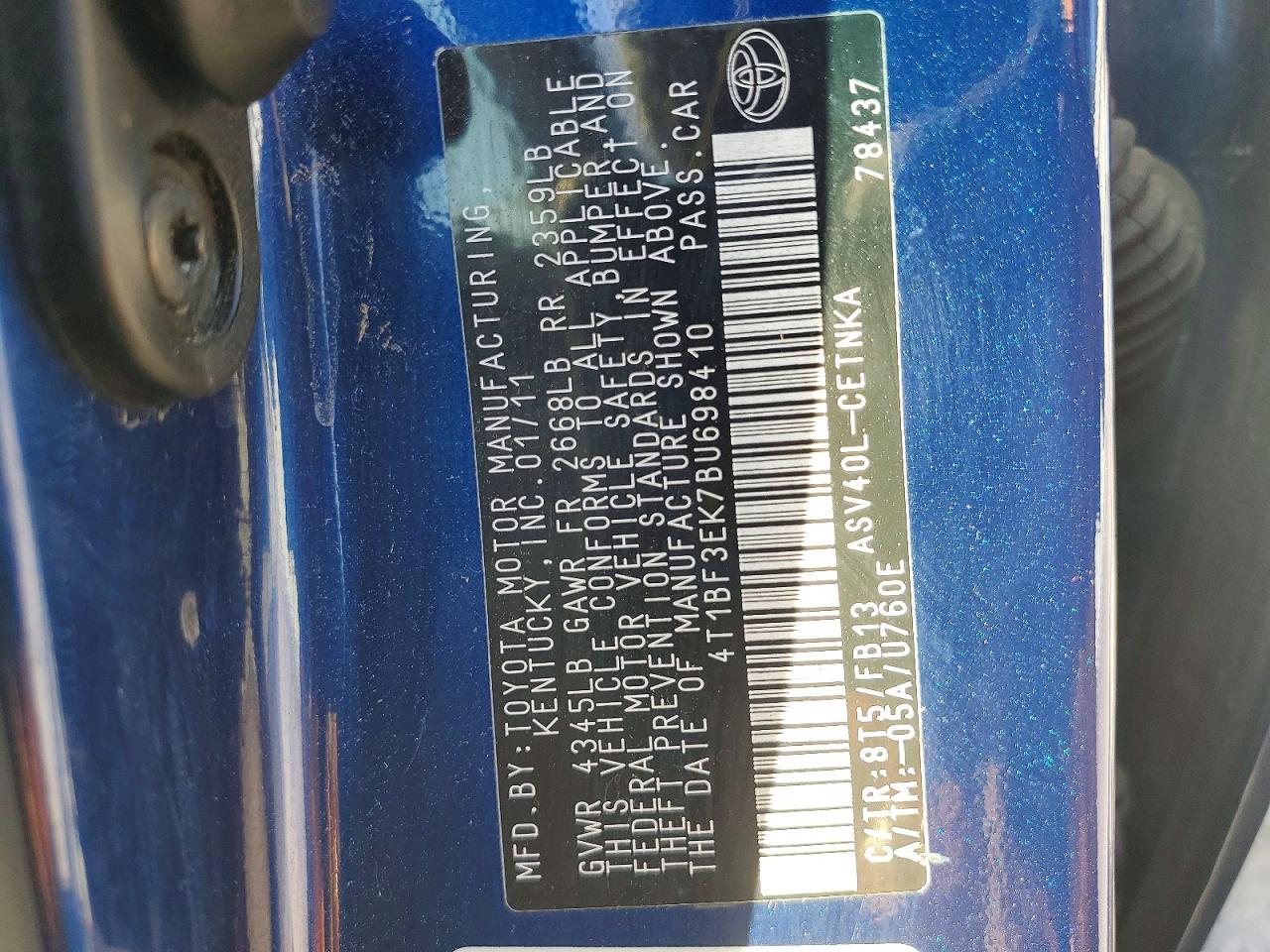 2011 Toyota Camry Le Blue vin: 4T1BF3EK7BU698410