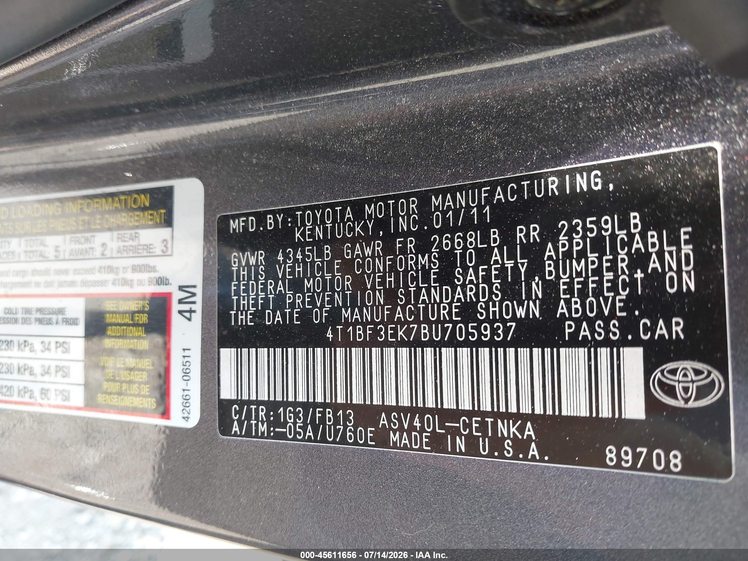 2011 Toyota Camry Le Gray vin: 4T1BF3EK7BU705937