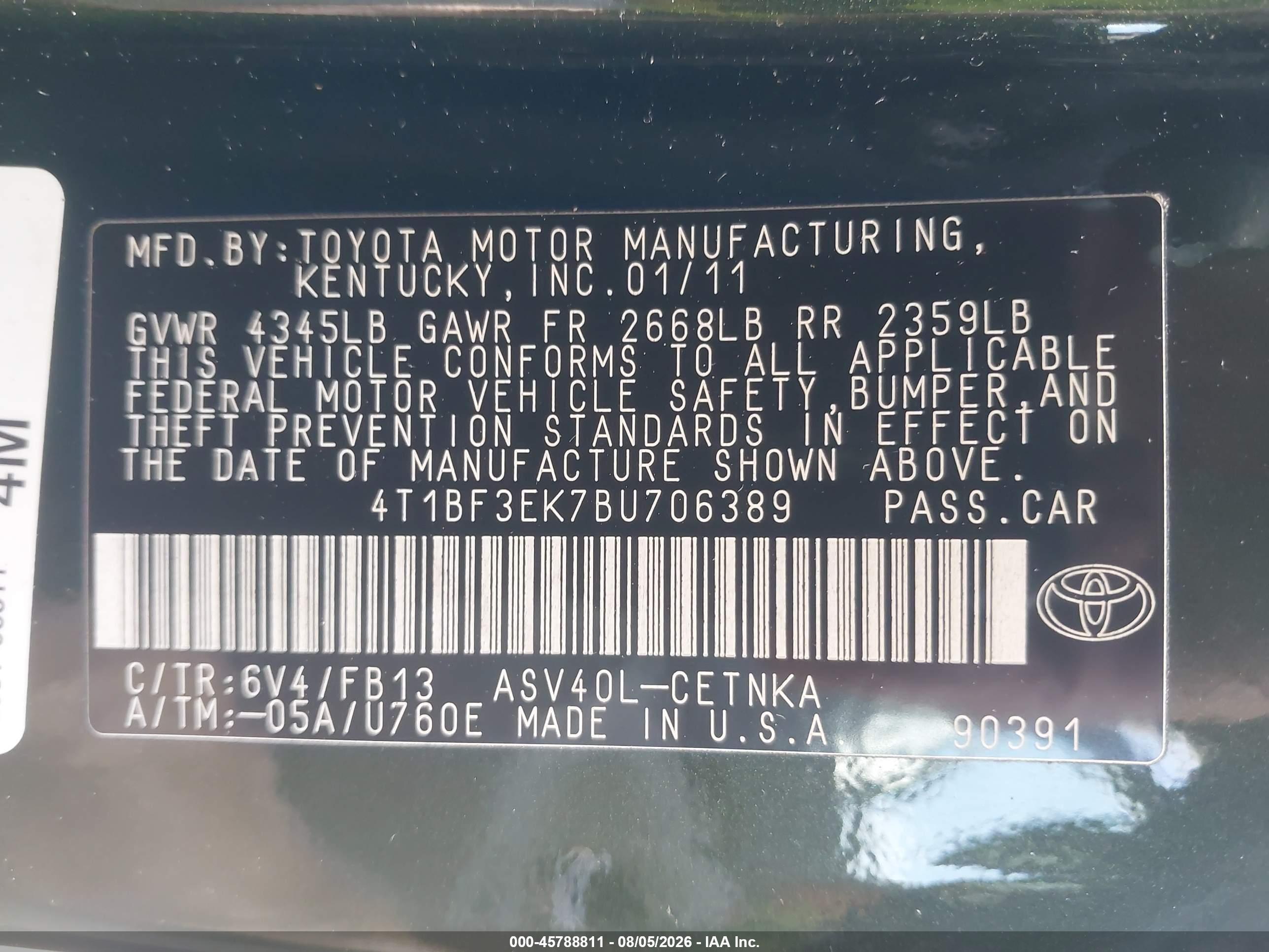 2011 Toyota Camry Le Green vin: 4T1BF3EK7BU706389