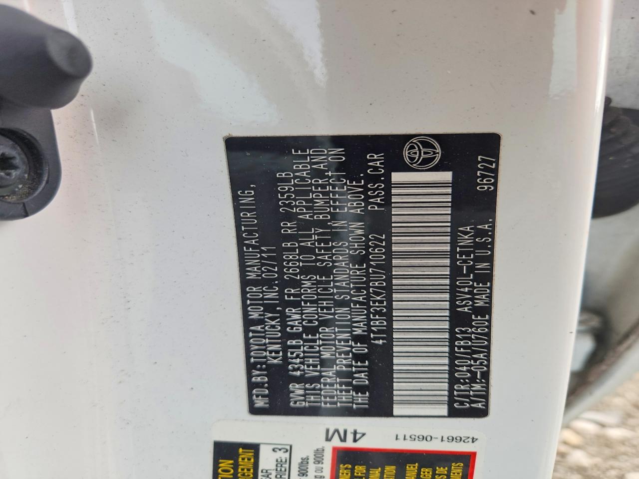 2011 Toyota Camry Base White vin: 4T1BF3EK7BU710622