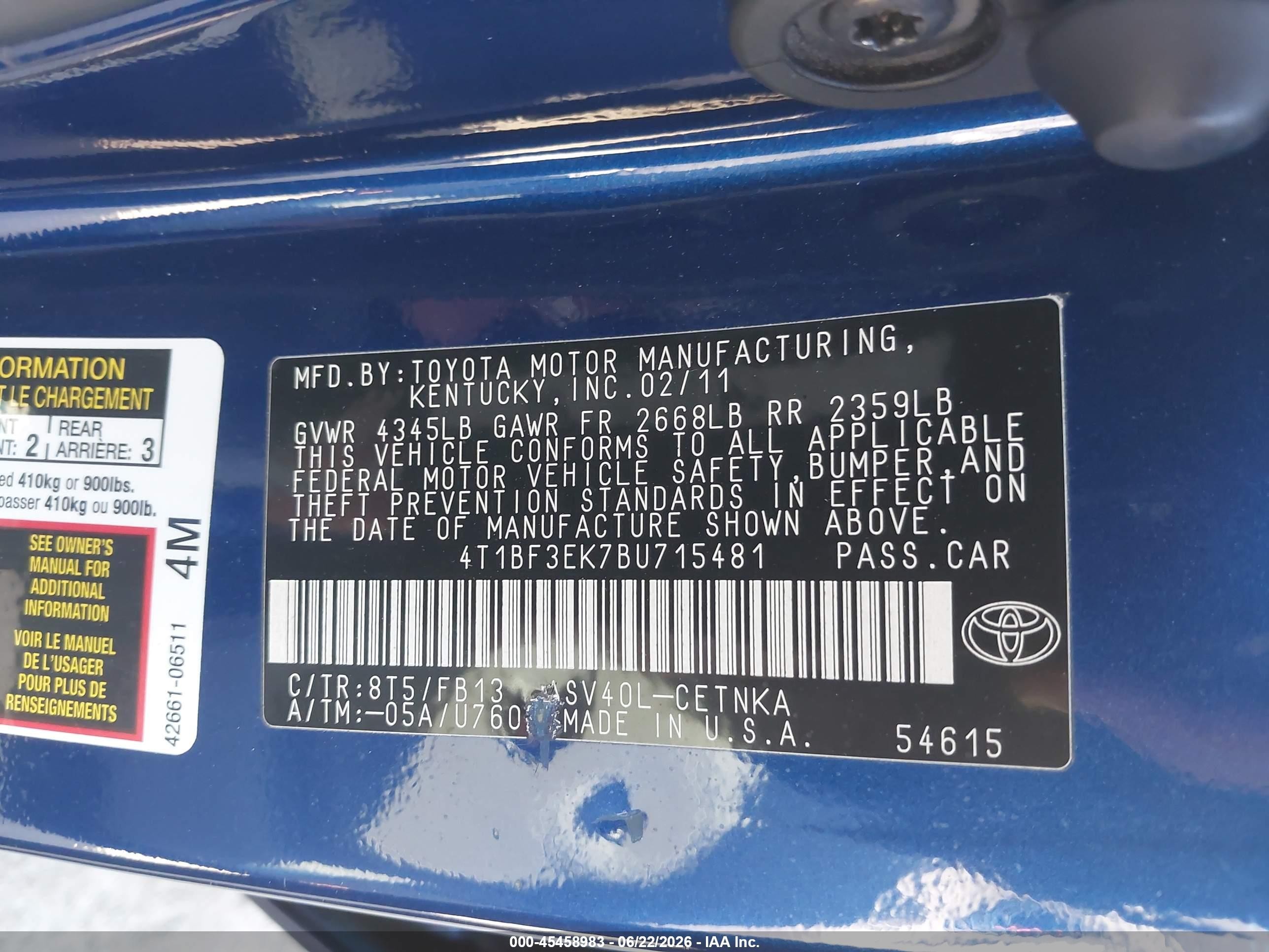 2011 Toyota Camry Le Blue vin: 4T1BF3EK7BU715481