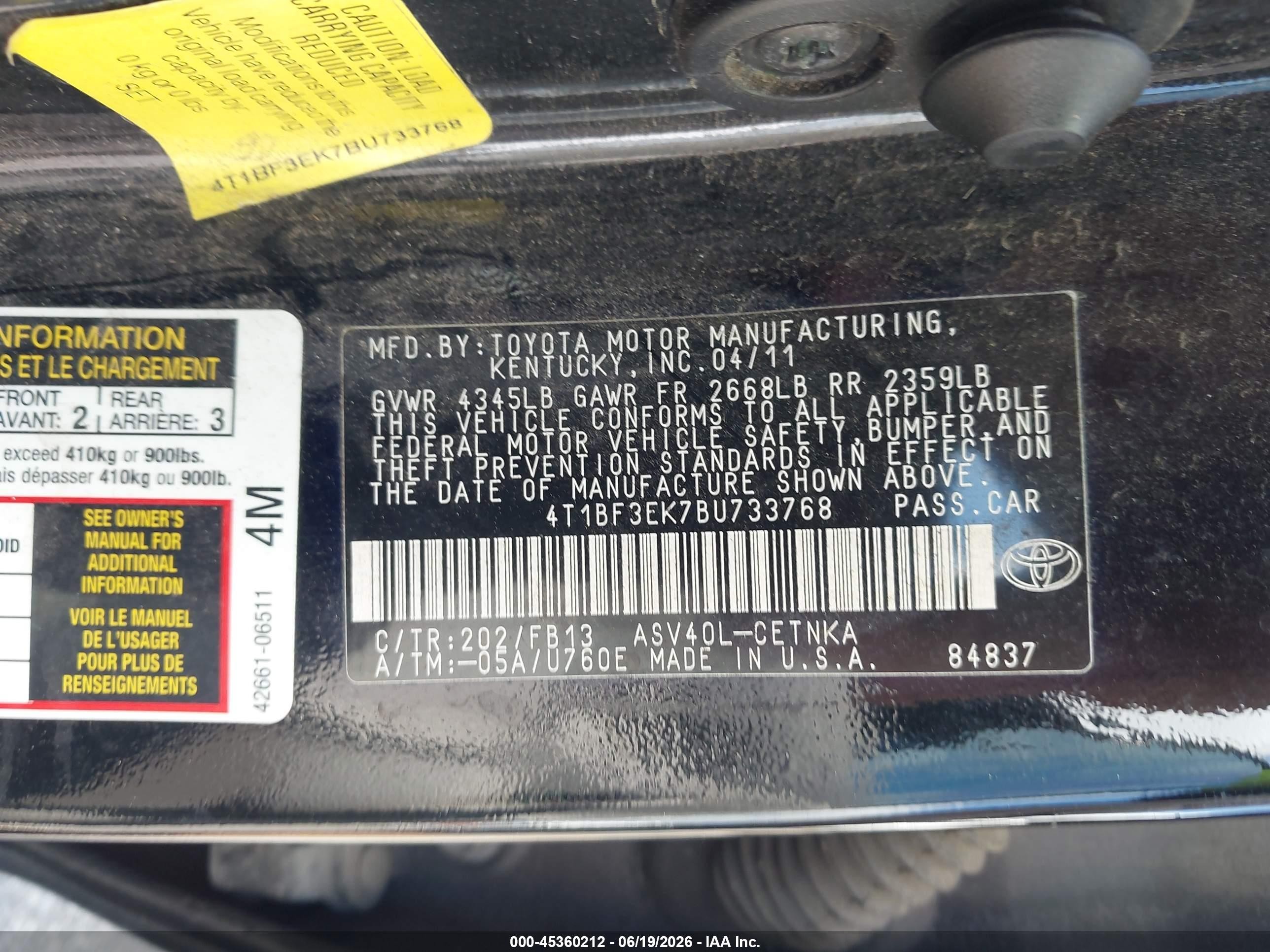 2011 Toyota Camry Le Black vin: 4T1BF3EK7BU733768