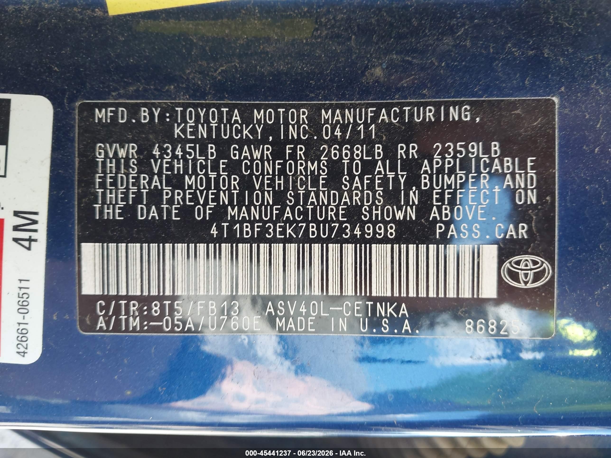 2011 Toyota Camry Le Blue vin: 4T1BF3EK7BU734998