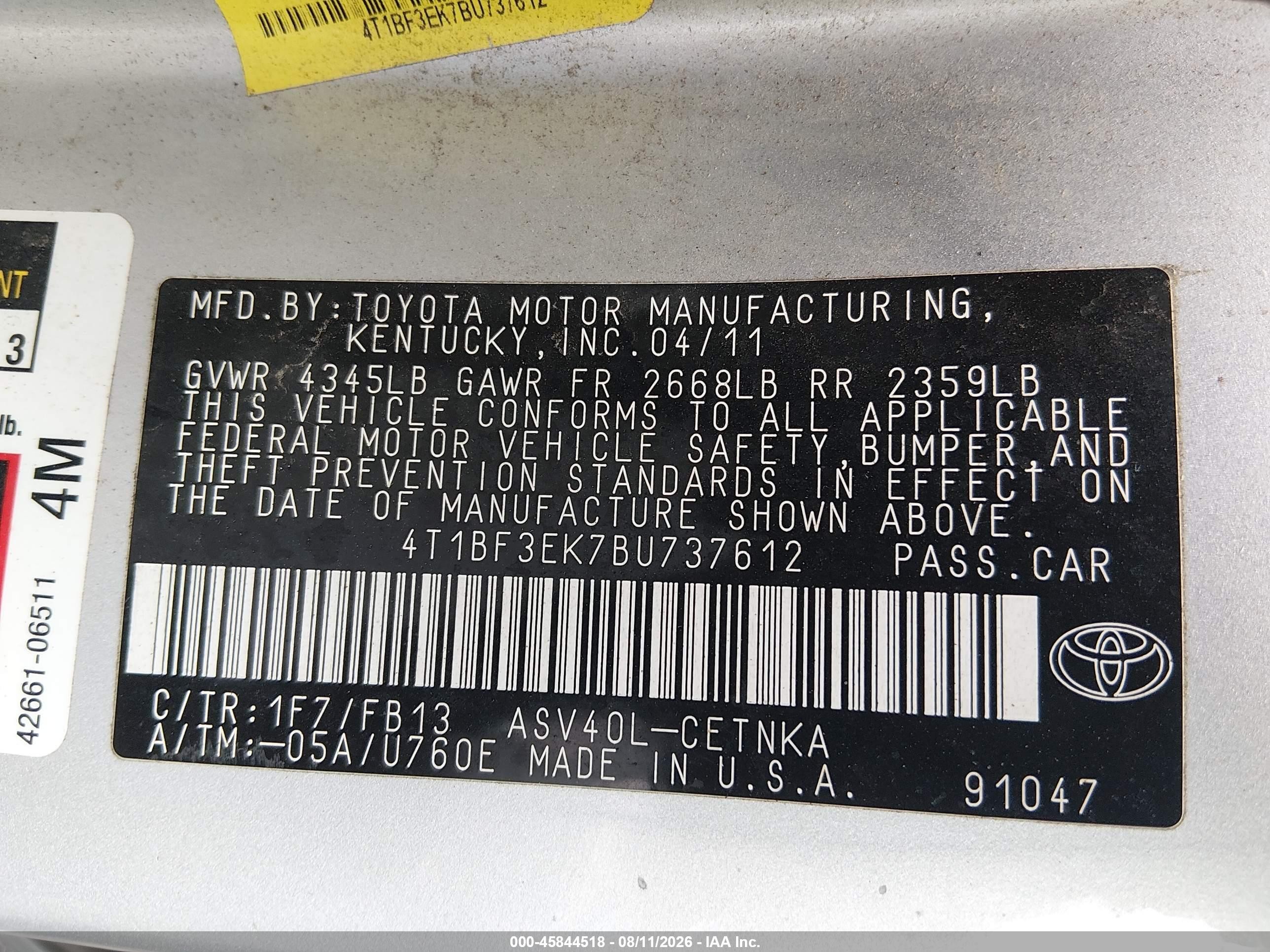 2011 Toyota Camry Le Серебряный vin: 4T1BF3EK7BU737612