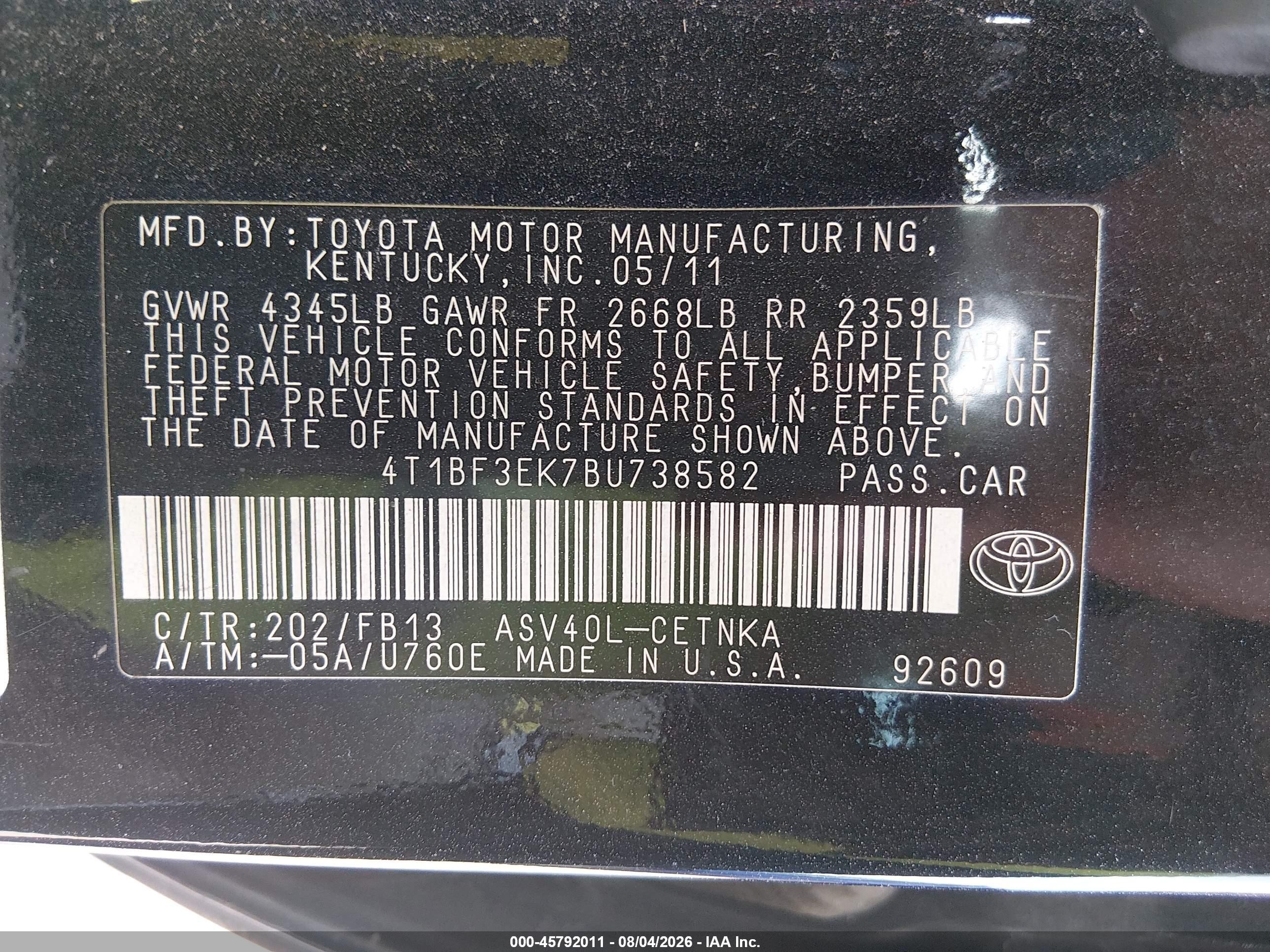 2011 Toyota Camry Le Black vin: 4T1BF3EK7BU738582