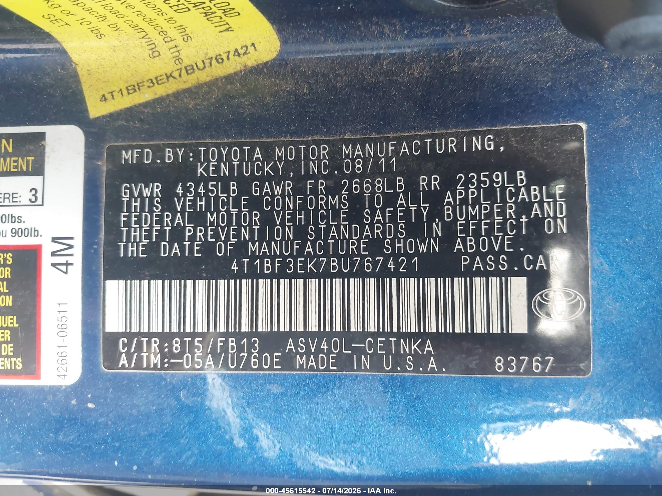 2011 Toyota Camry Le Blue vin: 4T1BF3EK7BU767421
